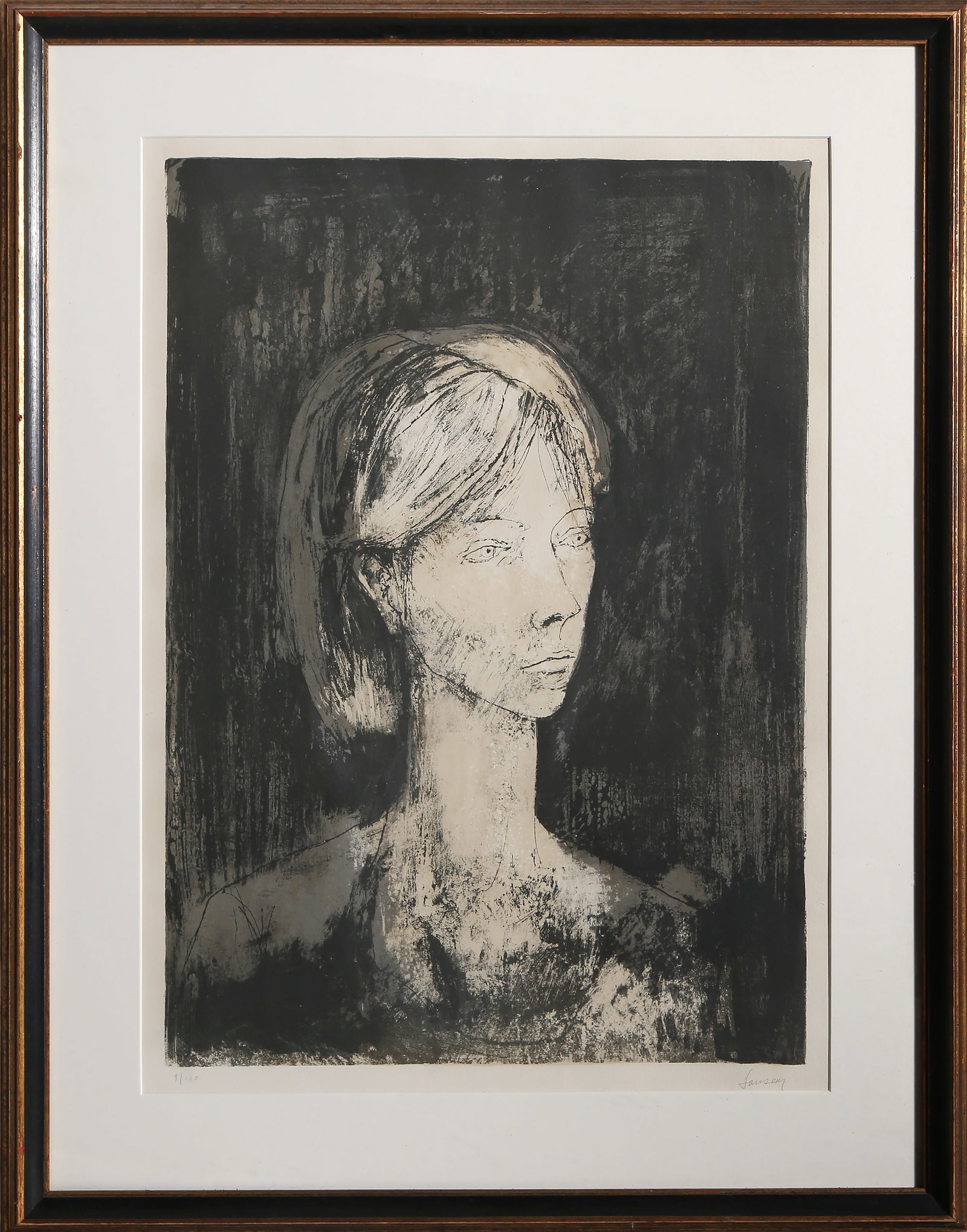 Jean Jansem, Francoise, Lithograph: Artist: Jean Jansem, French 1920-2013 Title: Francoise Year: circa 1965 Medium: Lithograph, signed and numbered in pencil Edition: 9/100 Image Size: 22.5 x 15.5 inches Frame Size: 31 x 24 inches