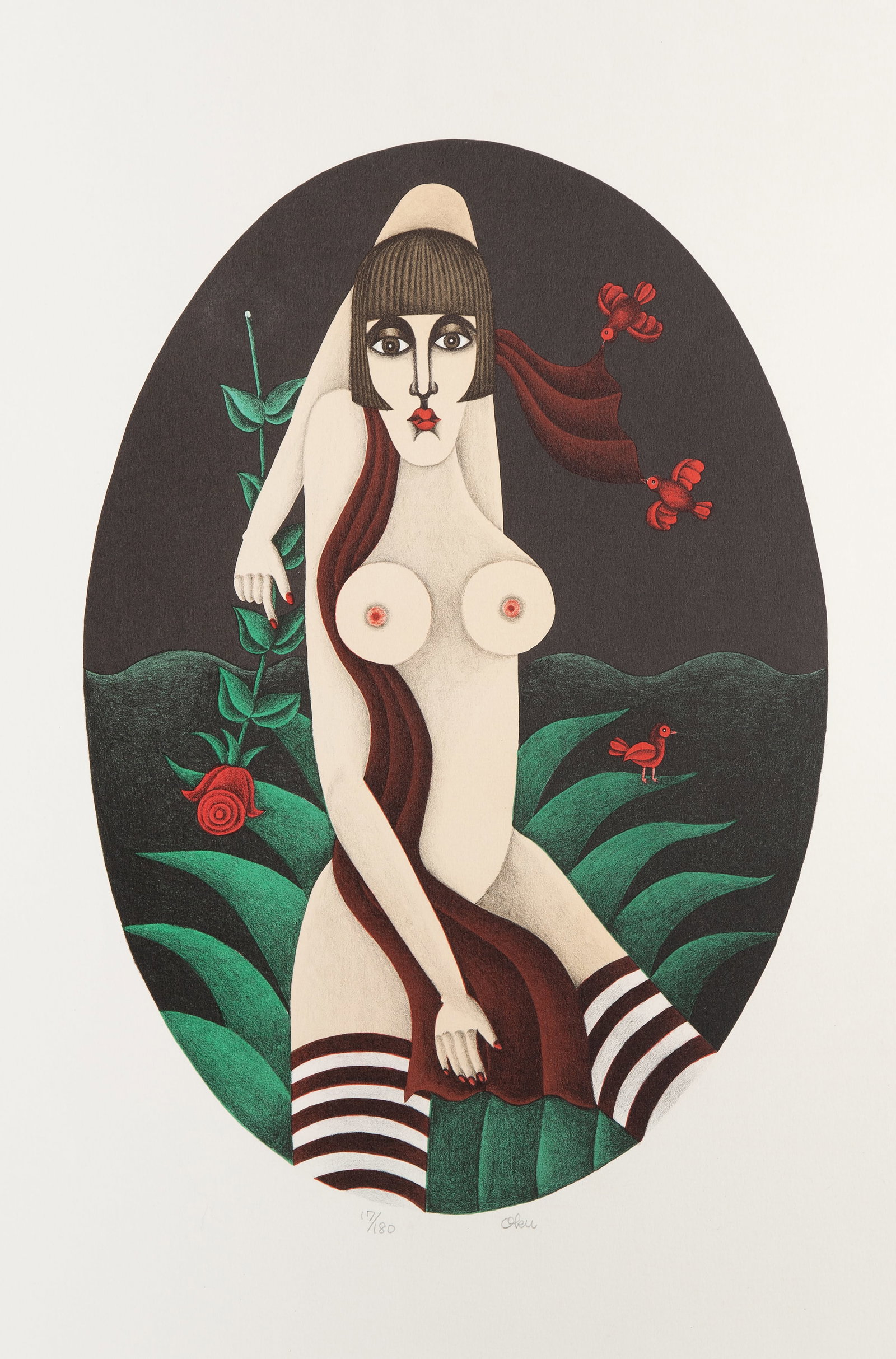 Shigeo Okumura, Woman with Rose, Screenprint: Artist: Shigeo Okumura, Japanese 1937-1993 Title: Woman with Rose Medium: Screenprint on Arches, signed and numbered in pencil Edition: 17/180 Image Size: 20 x 14 inches Size: 30 x 22 in. (76.2 x 55.8