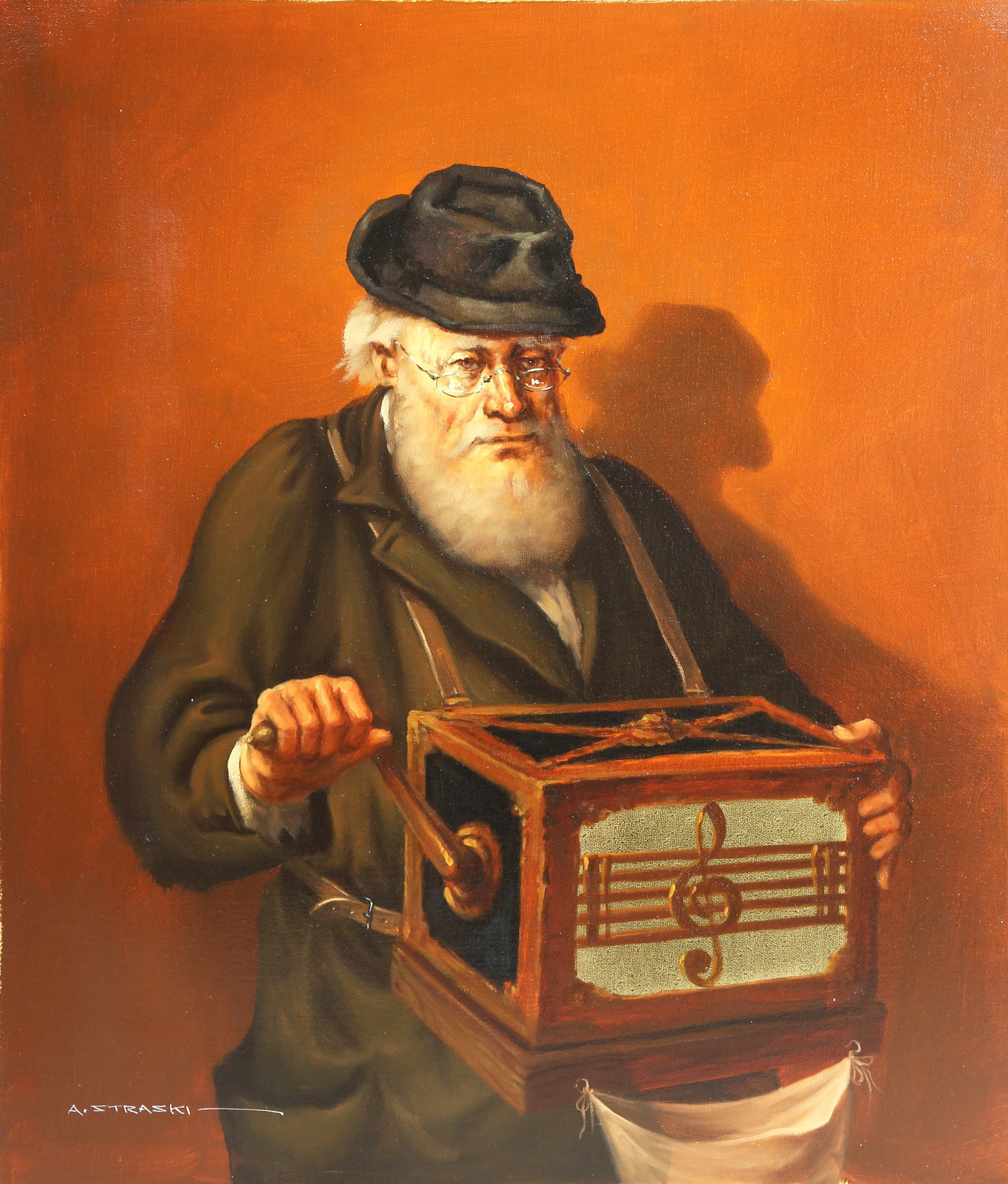 Abraham Straski, Man With Music Box III, Painting: Artist: Abraham Straski, Polish 1903-1987 Title: Man With Music Box III Year: circa 1960 Medium: Oil on canvas, signed Size: 24.25 x 20.5 in. (61.6 x 52.07 cm)