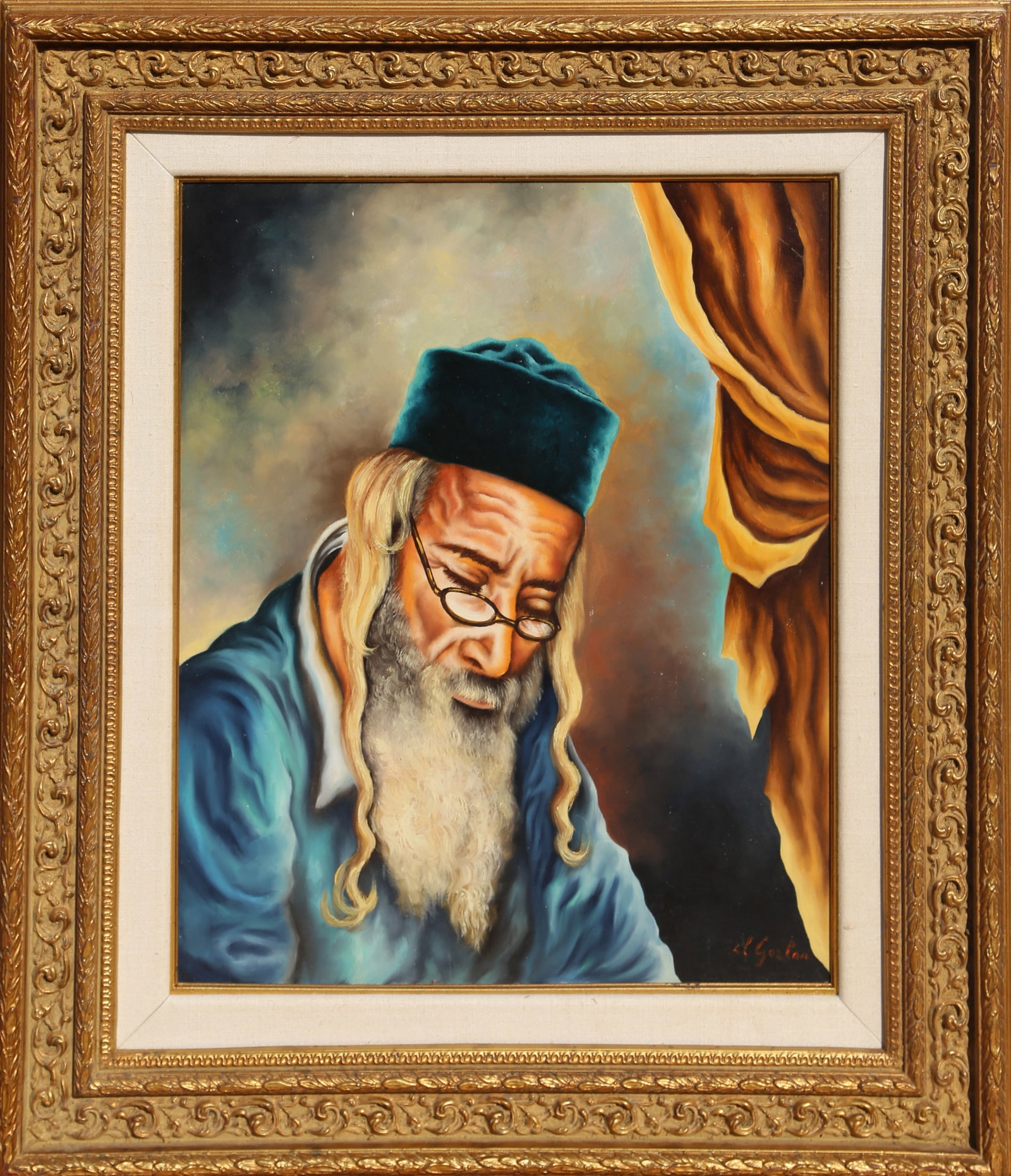 el Gozlan, Rabbi with Glasses in Blue, Oil on Wood: Artist: el Gozlan Title: Rabbi with Glasses in Blue Year: circa 1970 Medium: Oil on Wood, signed and lower right Image Size: 24 x 19 inches Frame Size: 34 x 30 inches
