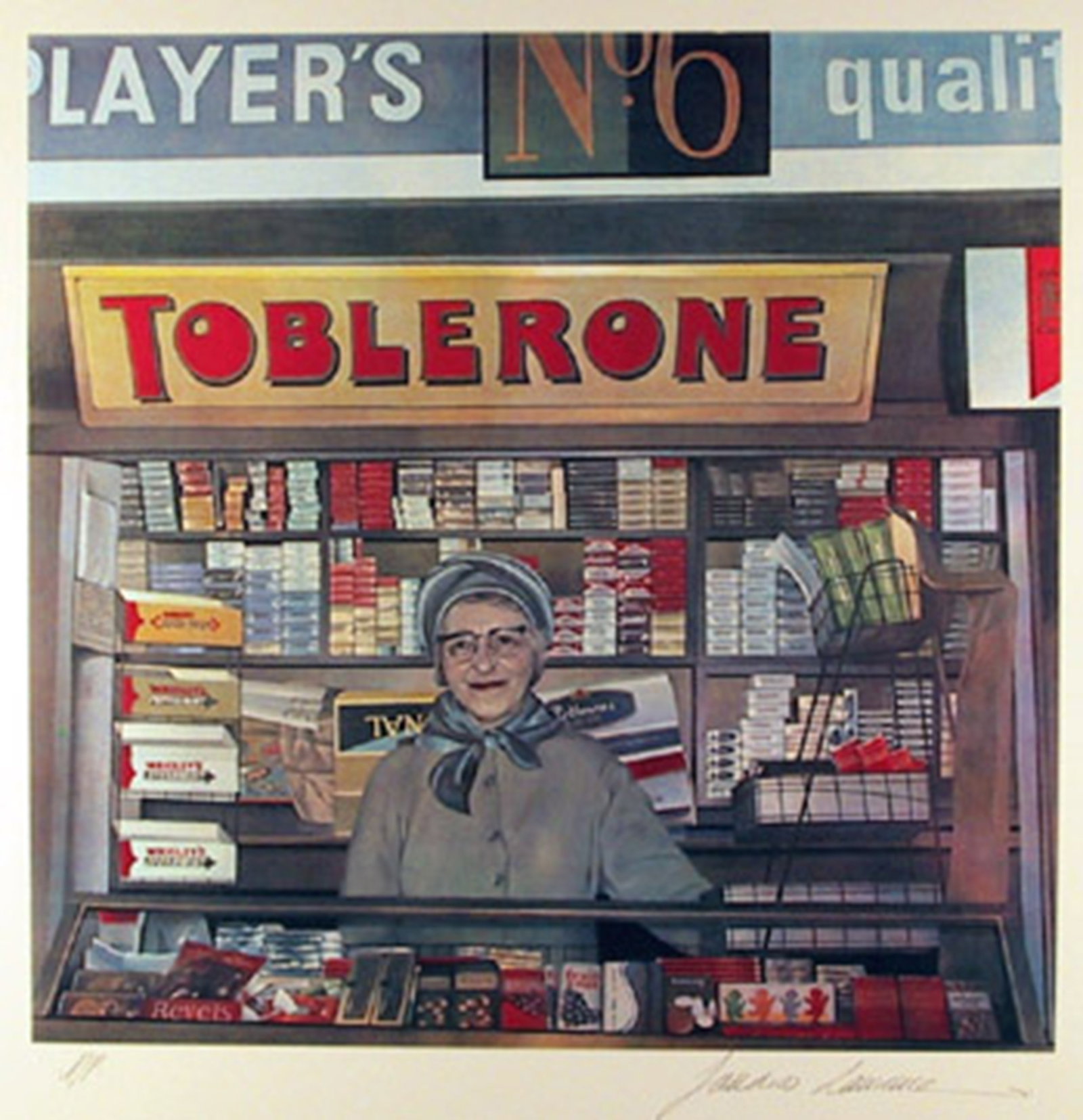 Sandra Lawrence, Lady Leicester Square (Newsagent's Shop), Lithograph: Artist: Sandra Lawrence, British (1945 - ) Title: Lady Leicester Square (Newsagent's Shop) Year: 1975 Medium: Lithograph, signed and numbered in pencil Edition: 250, AP 30 Size: 24 x 24 in. (60.96 x 6