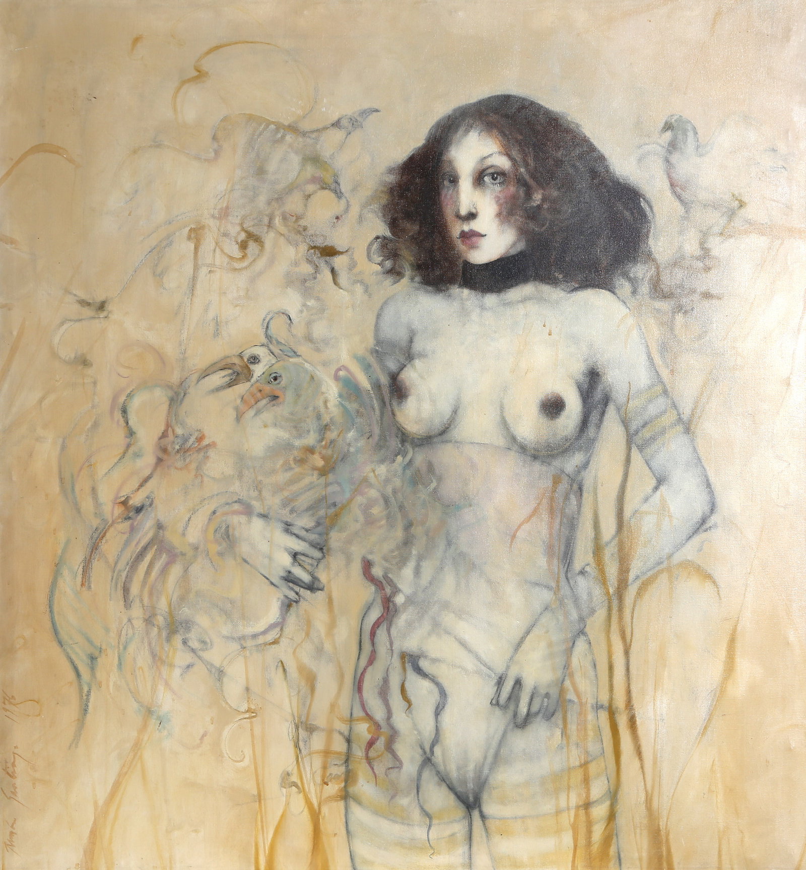 Ramon Santiago, Two Birds, Painting: Artist: Ramon Santiago, American 1943-2001 Title: Two Birds Year: 1976 Medium: Oil on Canvas, signed and dated lower left Size: 44.5 x 41.75 in. (113.03 x 106.05 cm)