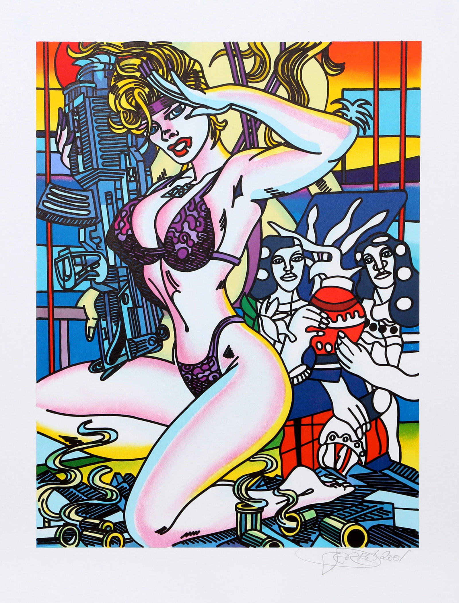 Erro, The War of Stars, Lithograph: Artist: Erro, Icelandic (1932 - ) Title: The War of Stars Year: 2001 Medium: Lithograph, signed and numbered in pencil Edition: 199 Image Size: 24 x 18 inches Size: 30 x 22 in. (76.2 x 55.88 cm) Print