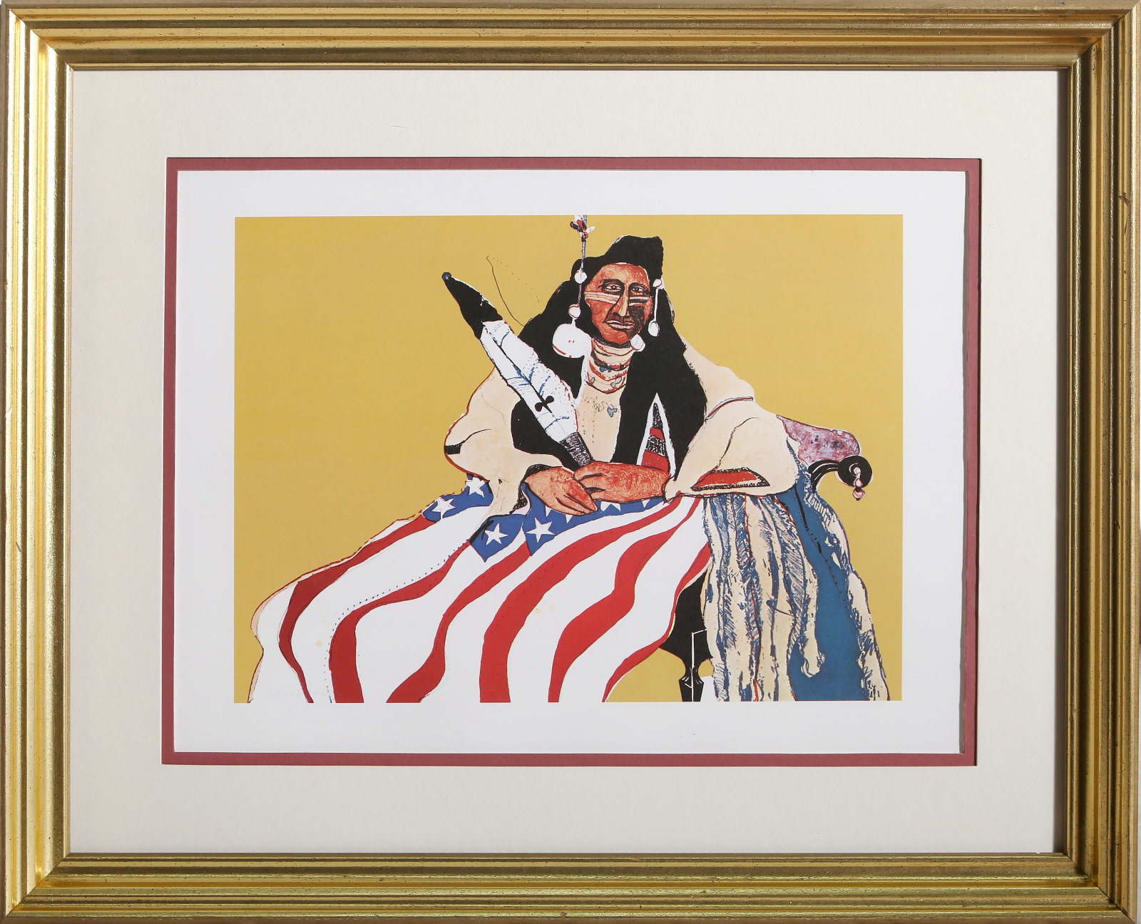 Fritz Scholder, Bicentennial Indian, Lithograph: Artist: Fritz Scholder, Native American 1937-2005 Title: Bicentennial Indian Portfolio: Kent Bicentennial Portfolio Year: 1975 Medium: Offset Lithograph Image Size: 9.5 x 13 inches Size: 14 x 17 in. (