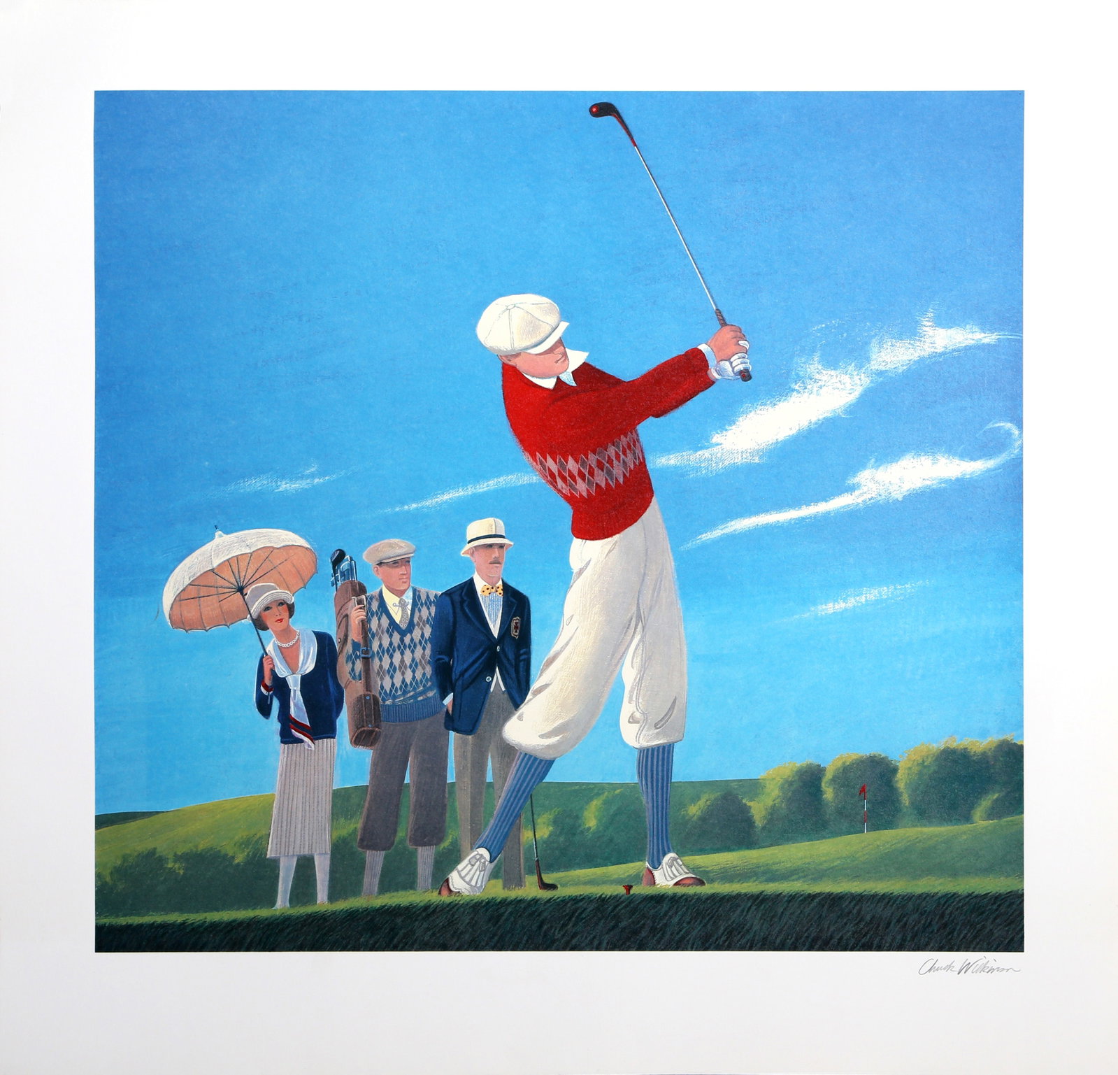 Chuck Wilkinson, Golf, Lithograph: Artist: Chuck Wilkinson 1932-2010 Title: Golf Medium: Lithograph, signed and numbered in pencil Edition: 300 Image Size: 21 x 23 inches Size: 26.75 x 27.25 in. (67.95 x 69.22 cm) Description: A lithog