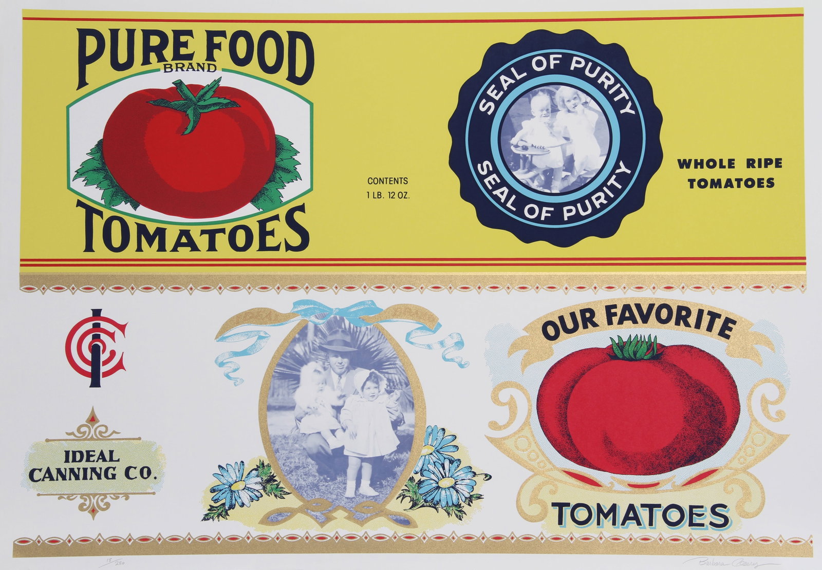 Barbara Cesery, Pure Food Tomatoes, Screenprint: Artist: Barbara Cesery, American Title: Pure Food Tomatoes Year: circa 1980 Medium: Screenprint, signed and numbered in pencil Edition: 300, AP 25 Image Size: 23.5 x 34 inches Size: 25 in. x 35.5 in. 