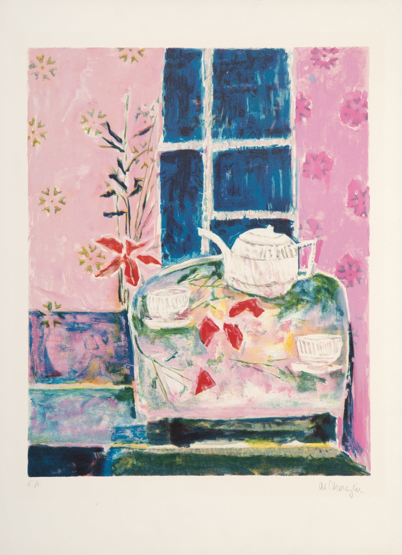 Wendy Chazin, Flowers and Windowsill, Lithograph: Artist: Wendy Chazin, American Title: Flowers and Windowsill Medium: Lithograph, signed and numbered in pencil Edition: EA Image Size: 23 x 18.5 inches Size: 29.75 x 22 in. (75.57 x 55.88 cm)