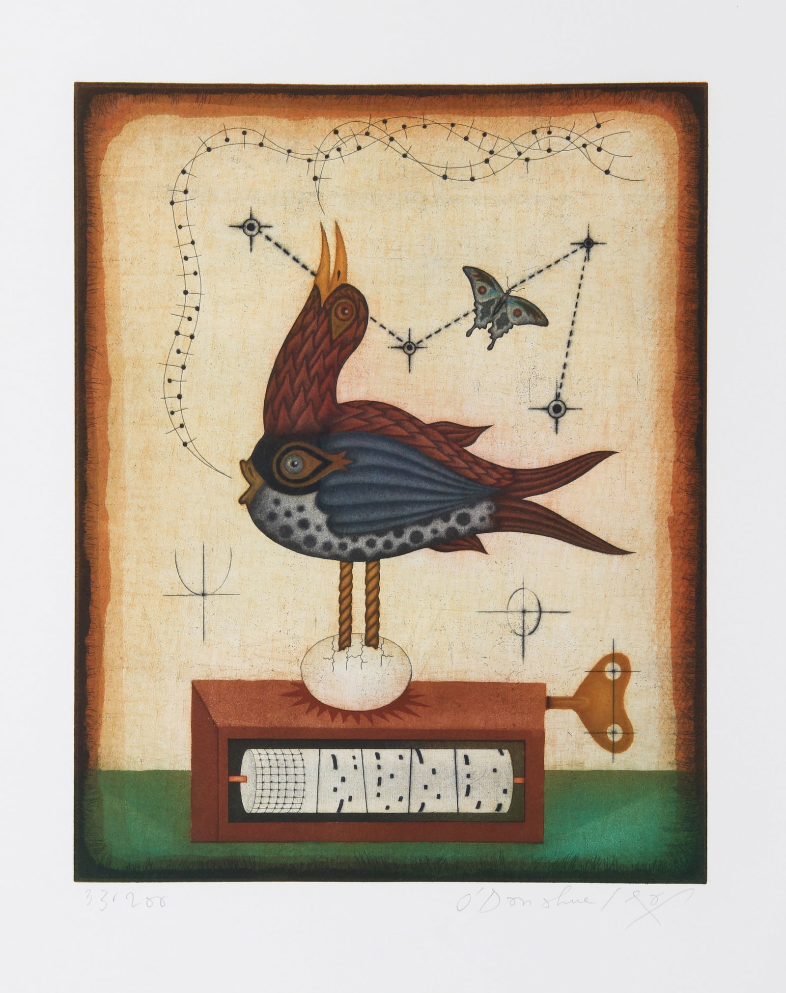 Tighe O'Donoghue, Music Box Bird, Etching: Artist: Tighe O'Donoghue, American 1942-2023 Title: Music Box Bird Year: circa 1980 Medium: Etching with Aquatint, signed and numbered in pencil Edition: 200 Image Size: 20 x 15.5 inches Size: 25.5 in