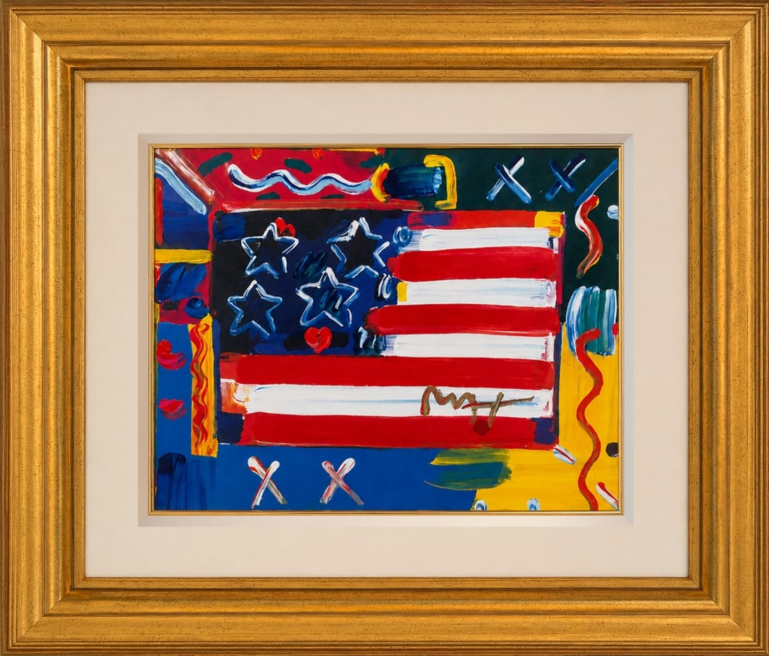 Peter Max, Flag with Heart, Mixed Media Painting (1 of 2)