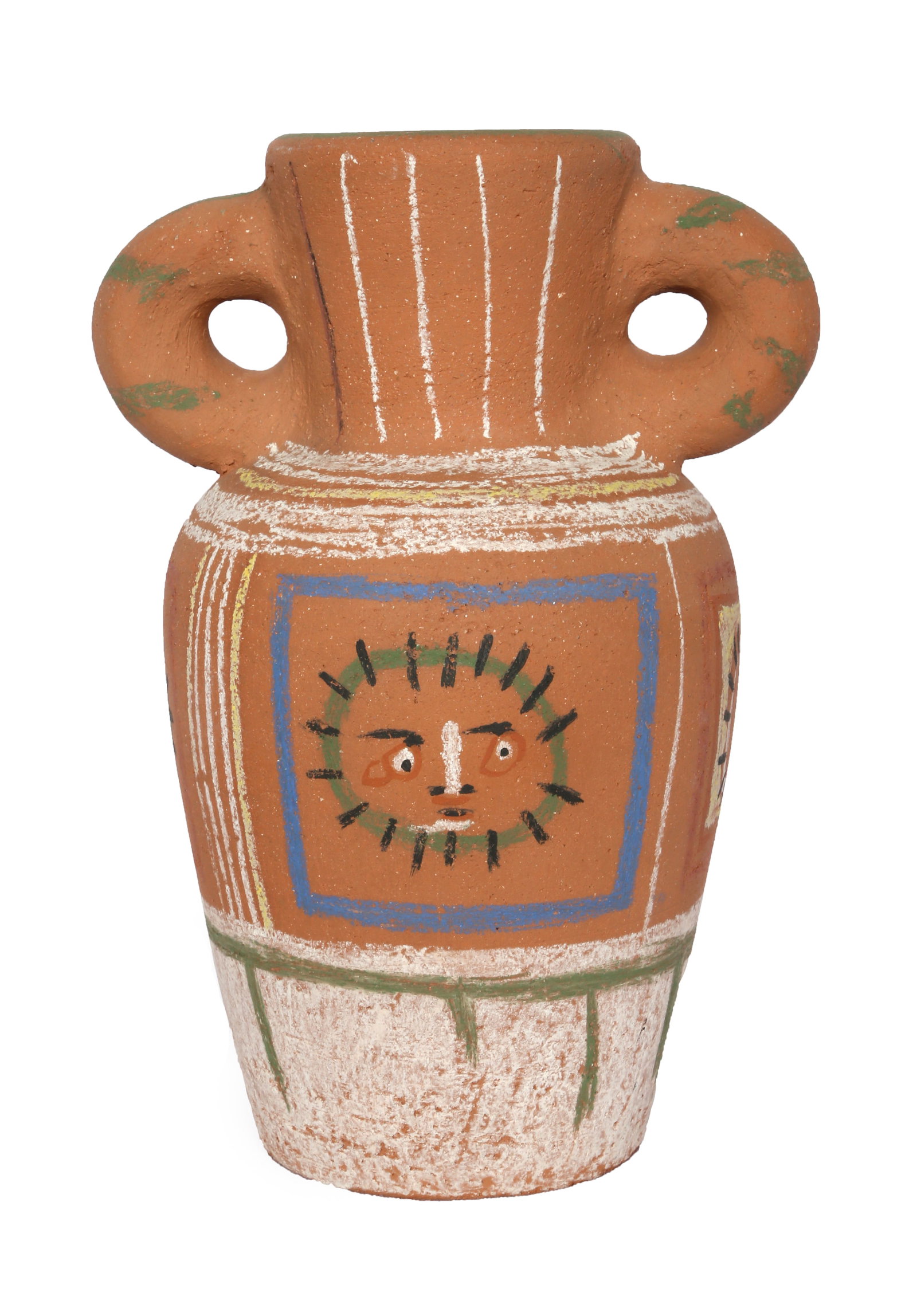 Pablo Picasso, Vase avec Decoration Pastel, Terracotta Vase: Artist: Pablo Picasso, Spanish (1881 - 1973) Title: Vase avec Decoration Pastel (Ramie 190) Year: 1953 Medium: Chamotted Red Earthenware Clay Vase, pastel decoration, stamped and numbered on bottom Ed