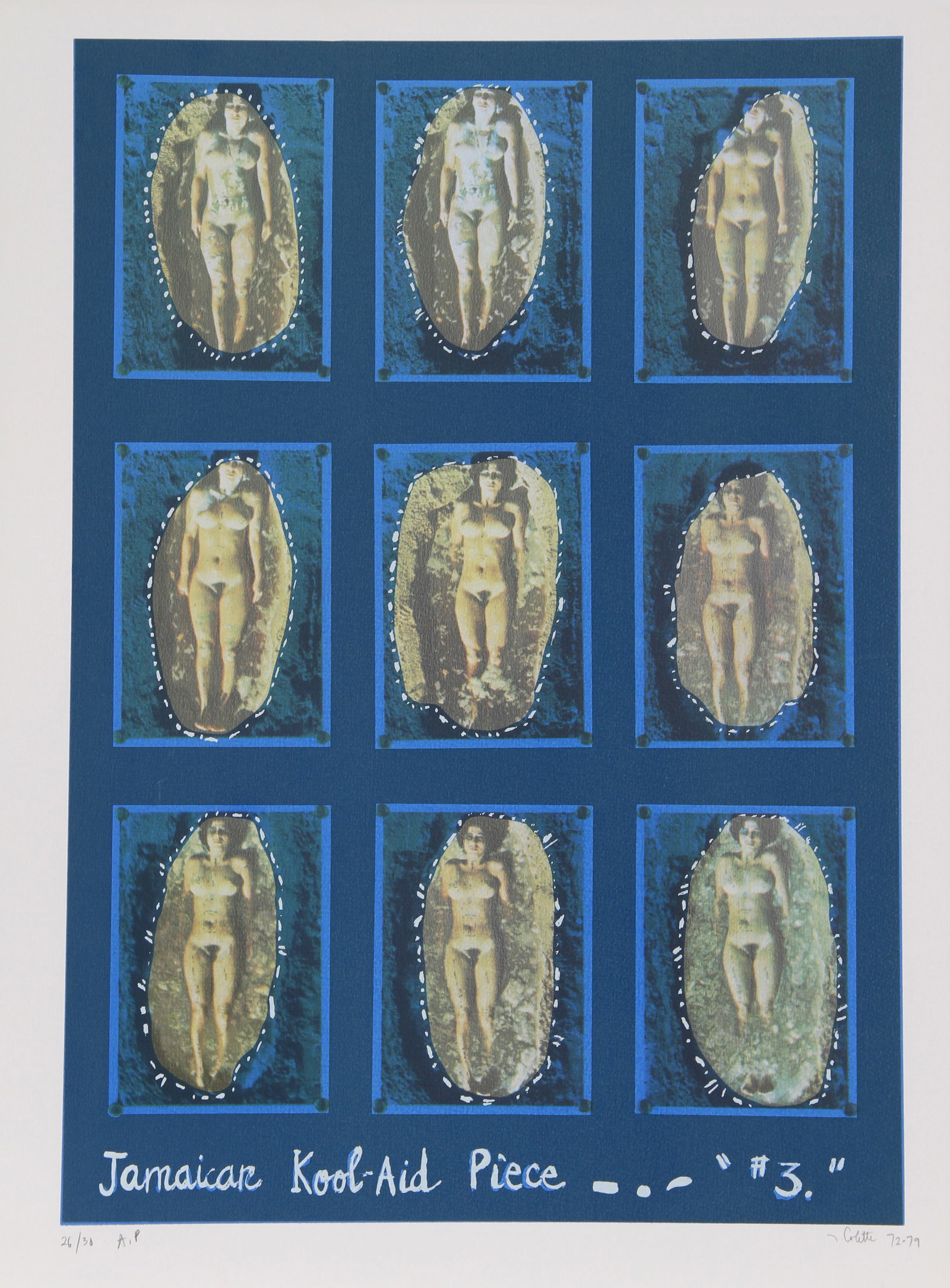 Colette Lumiere, Jamaican Kool-Aid Body Piece, Lithograph: Artist: Colette Lumiere, Tunisian/American (1952 - ) Title: Jamaican Kool-Aid Body Piece (Blue) Year: 1979 Medium: Lithograph, signed and numbered in pencil Edition: 200, AP 30 Image Size: 27 x 19 inc