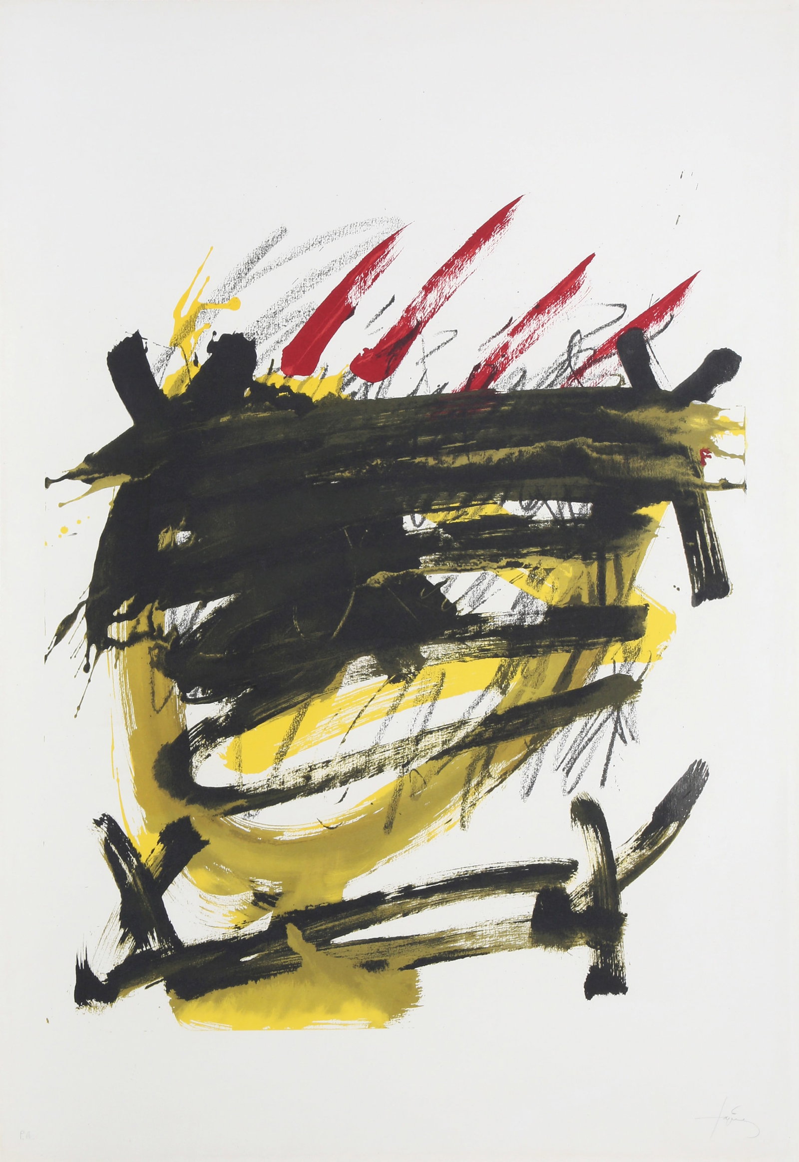 Antoni Tapies, 4 from Als Mestres de Catalunya, Lithograph: Artist: Antoni Tapies, Spanish (1923 - 2012) Title: 4 from Als Mestres de Catalunya Year: 1974 Medium: Lithograph, signed in pencil Edition: PA Size: 40 x 27.5 in. (101.6 x 69.85 cm) Publisher: Sala G