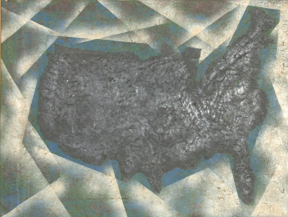 John F. Leonard, USA Map, Painting: Artist: John F. Leonard, American (1921 - 1987) Title: USA (13) Year: circa 1965 Medium: Oil on Canvas Size: 16.5 in. x 21.5 in. (41.91 cm x 54.61 cm)