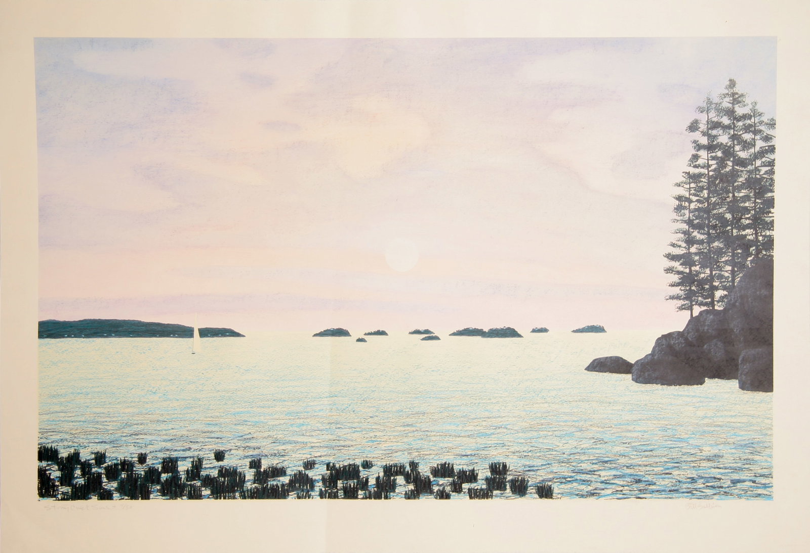 Bill Sullivan, Stony Creek Sunset, Lithograph: Artist: Bill Sullivan, American (1942 - ) Title: Stony Creek Sunset Year: circa 1980 Medium: Lithograph, Signed in Pencil Edition: 50 Size: 30 in. x 44 in. (76.2 cm x 111.76 cm) Description: Overlooki