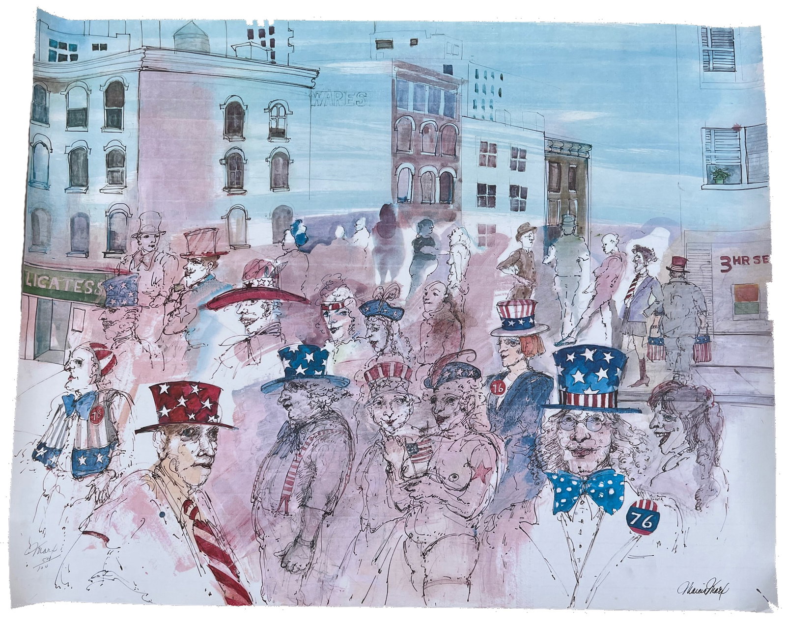 Marcia Marx, 4th of July, Offset Lithograph: Artist: Marcia Marx (1931 - 2005) Title: 4th of July Year: 1976 Medium: Offsett Lithograph, signed and numbered Edition: 54/100 Size: 23 x 29.5 in. (58.42 x 74.93 cm)