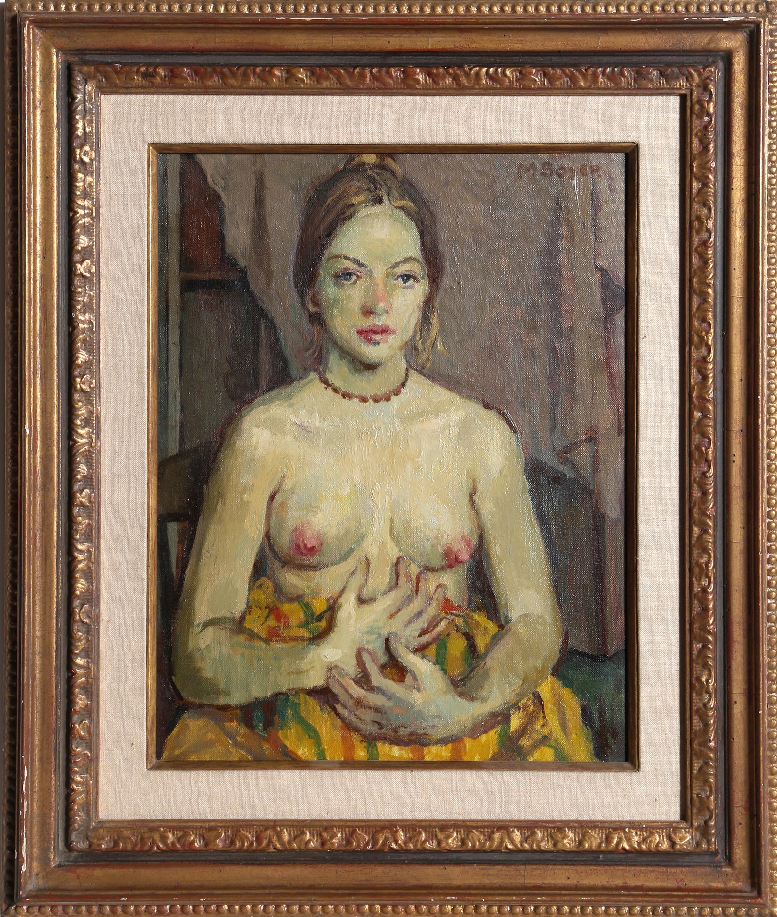 Moses Soyer, Nude with Yellow Blanket, Painting: Artist: Moses Soyer, American (1899 - 1974) Title: Nude with Yellow Blanket Year: circa 1950 Medium: Oil on Canvas, signed upper right Size: 21 x 17 in. (53.34 x 43.18 cm) Frame Size: 26 x 22 inches