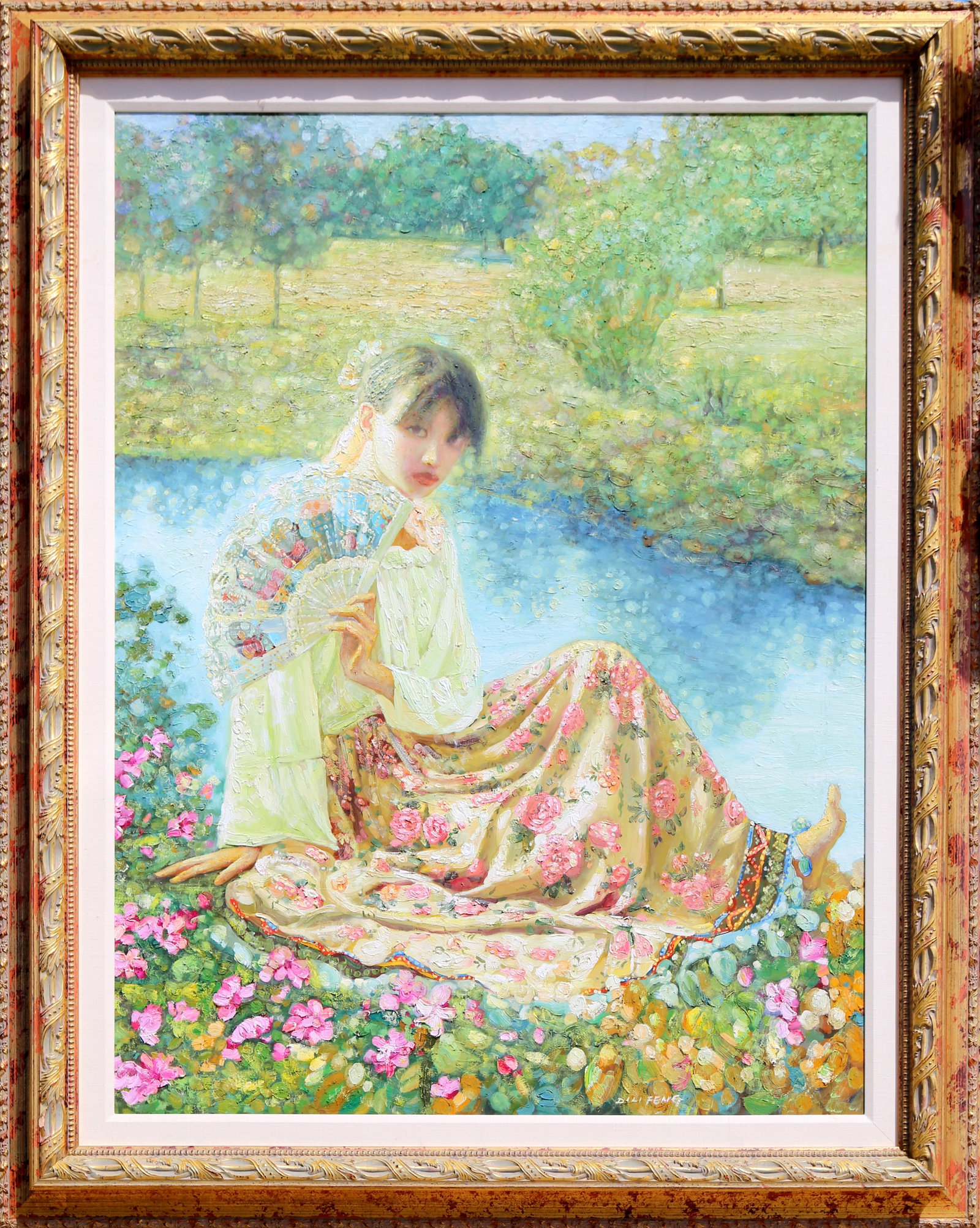 Di Li Feng, Girl with Fan by the River, Painting: Artist: Di Li Feng, Chinese (1958 - ) Title: Girl with Fan by the River Year: circa 2000 Medium: Oil on Canvas, signed lower right Size: 51 x 38 in. (129.54 x 96.52 cm) Frame Size: 62.5 x 49.5 inches 