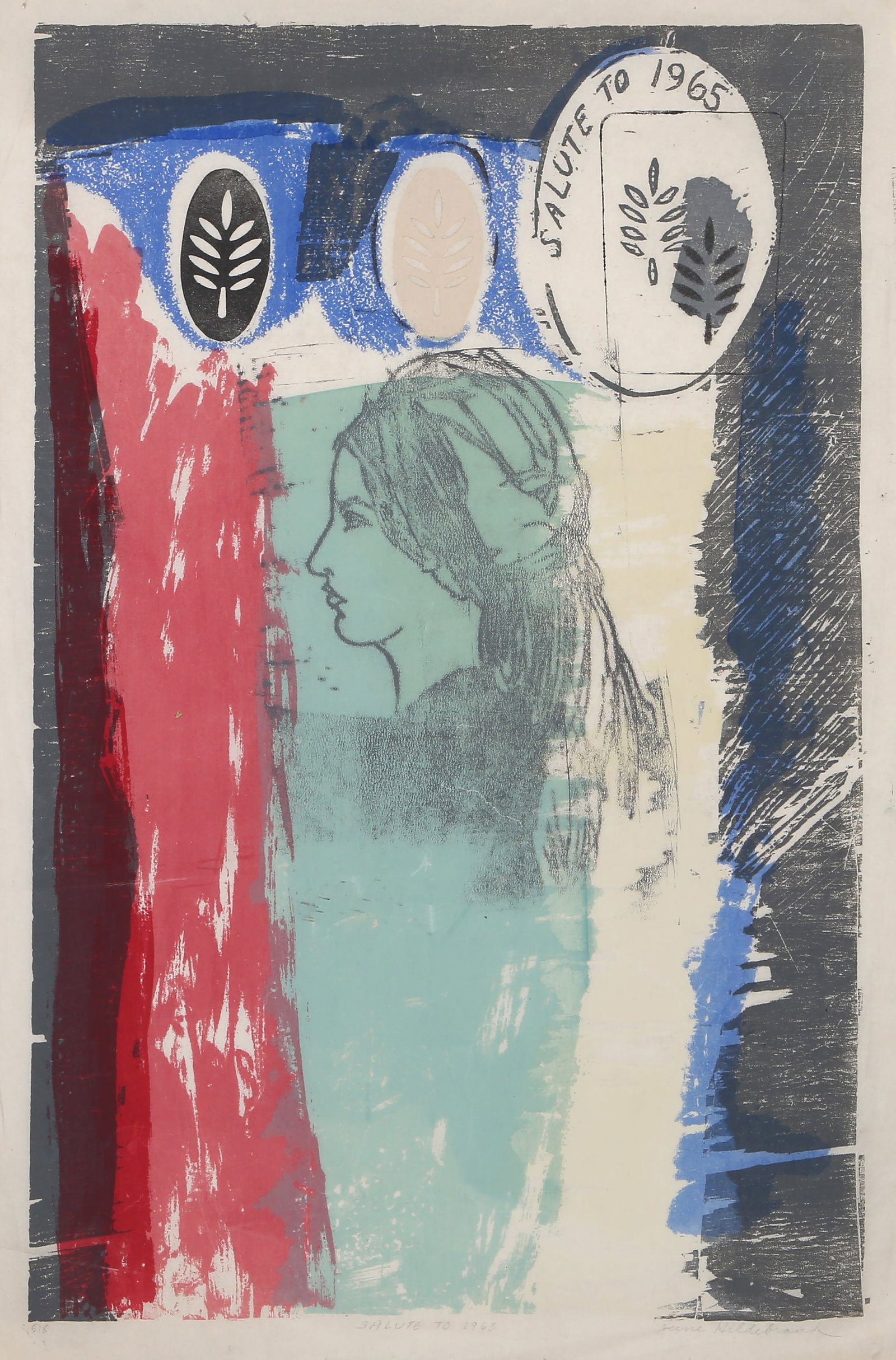 June Mary Ann Hildebrand, Salute to 1965, Lithograph, Woodblock and Intaglio: Artist: June Mary Ann Hildebrand Title: Salute to 1965 Year: 1965 Medium: Lithograph, Woodblock and Intaglio on Japon, signed, titled and numbered in pencil Edition: 5/8 Image Size: 22 x 14 inches Siz
