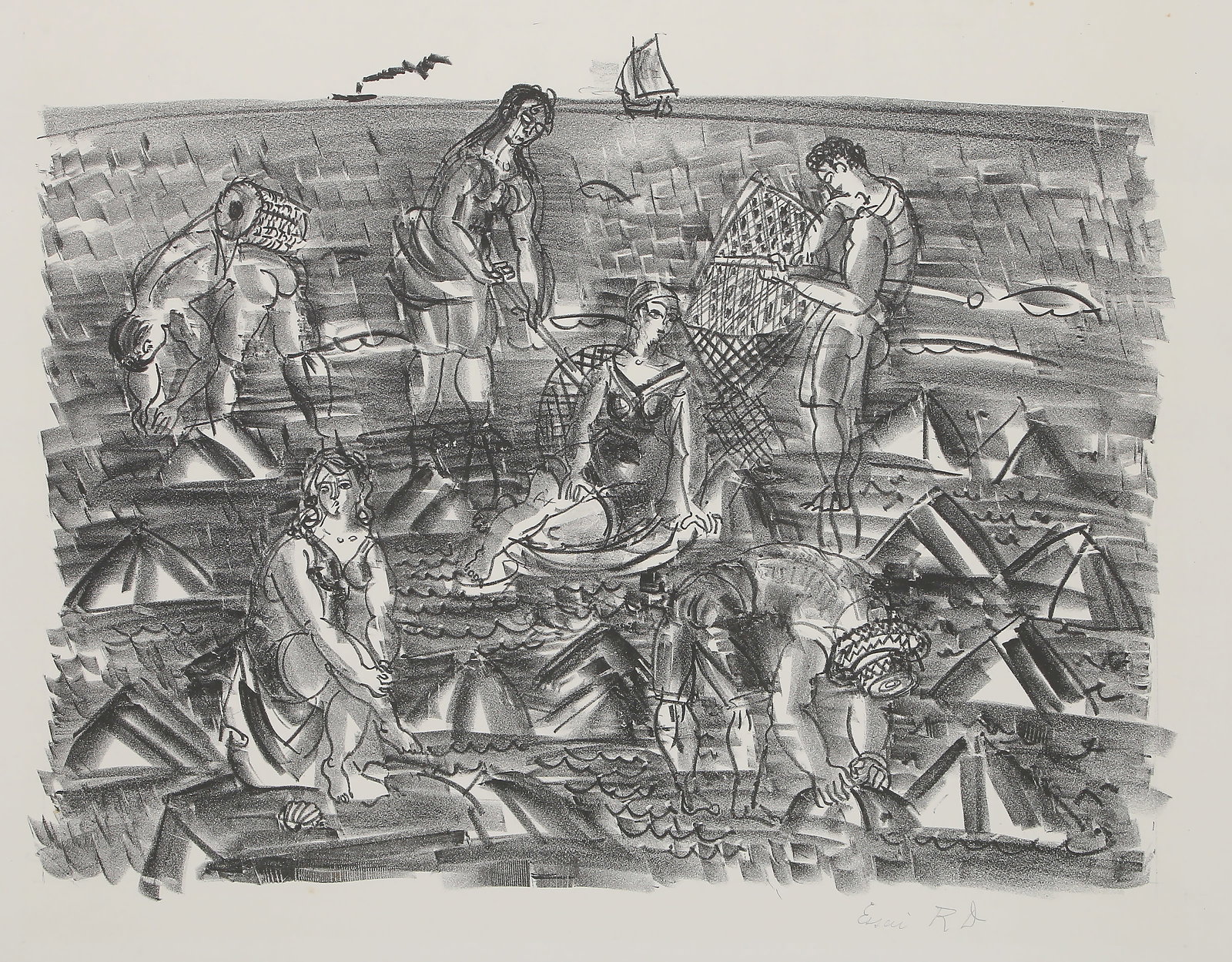 Raoul Dufy, Pecheurs de crevettes, Lithograph: Artist: Raoul Dufy, French (1877 - 1953) Title: Pecheurs de crevettes Portfolio: Album La Mer Year: 1925 Medium: Lithograph on BFK Rives, signed in pencil Image Size: 13.25 x 17.25 inches Size: 19 x 2