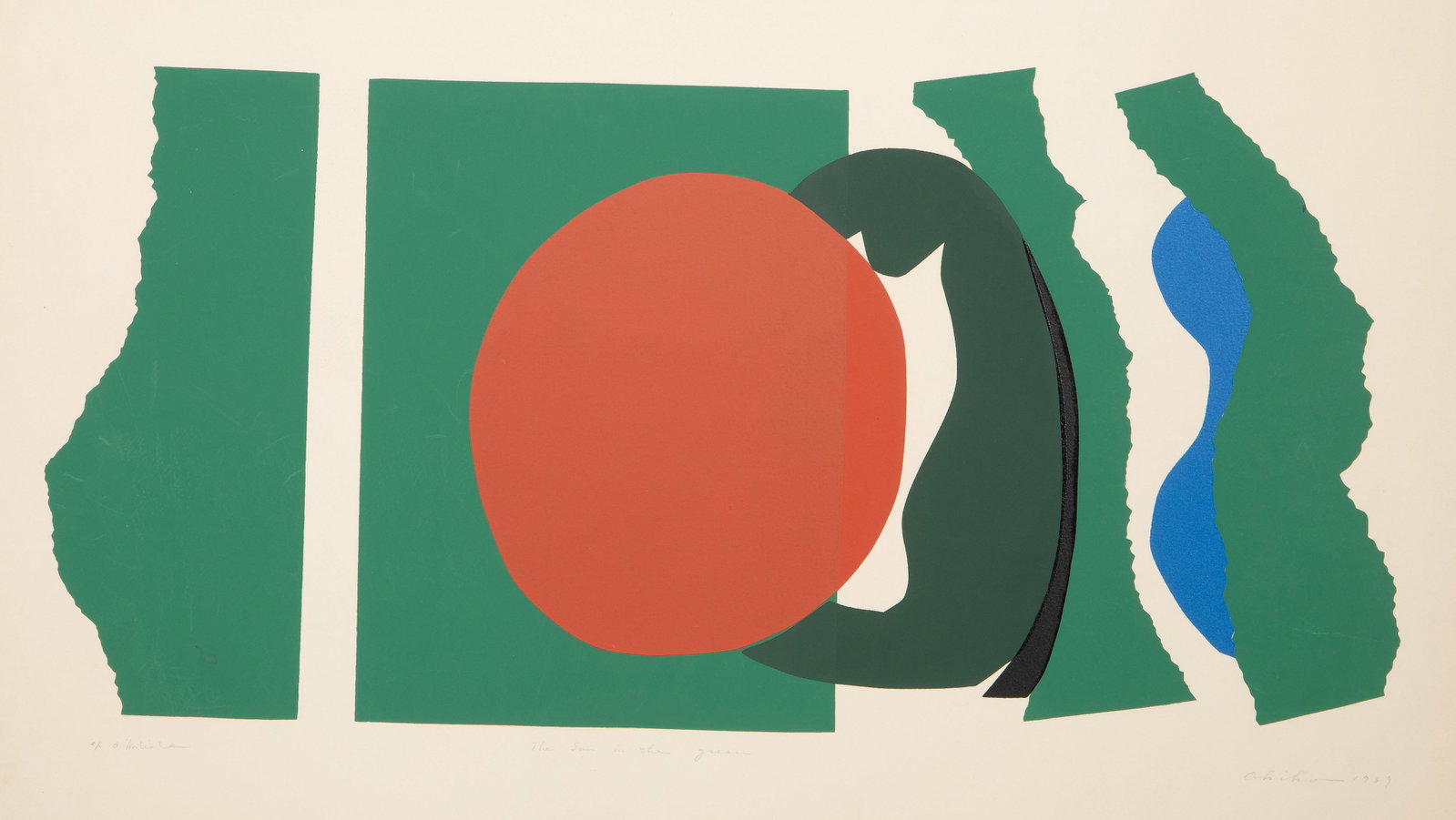 Shirai Akiko, The Sun in the Green, Screenprint: Artist: Shirai Akiko, Japanese (1935 ? 2001) Title: The Sun in the Green Year: 1969 Medium: Screenprint on Arches, signed, titled, numbered and dated in pencil Edition: EA Image Size: 12 x 25 inches S