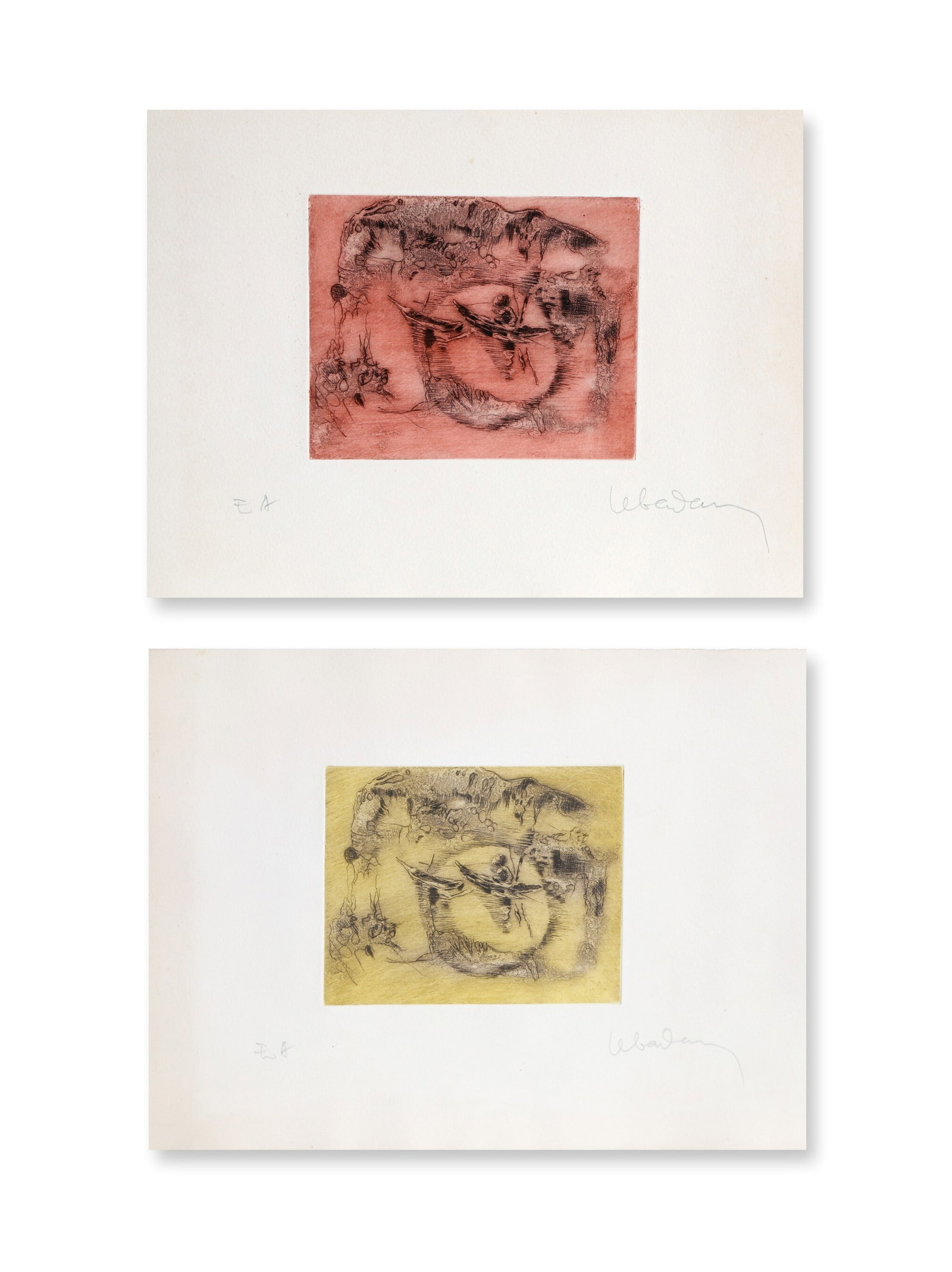 Lebadang, Two Etchings, Paddling in the Sun: Artist: Lebadang (aka Hoi), Vietnamese (1922 - 2015) Title: Two Etchings: Paddling in the Sun, and Paddling in the Sun (Red) Year: circa 1982 Medium: Etching, signed in pencil Edition: EA Size: 9.5 x 