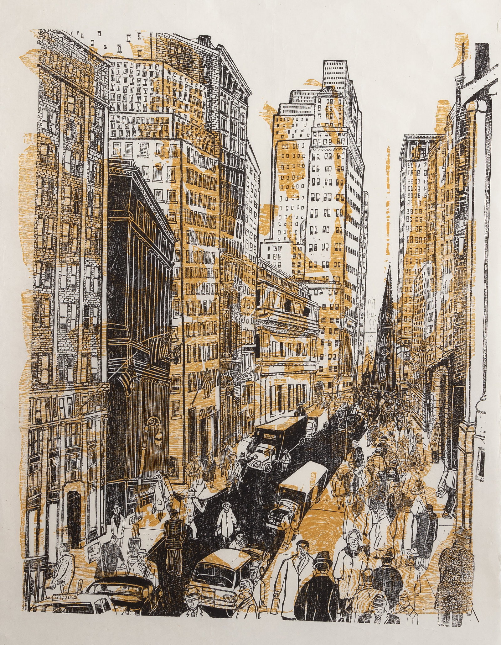 Ted Davies, Wall Street, Woodcut: Artist: Ted Davies, American (1928 - ) Title: Wall Street Year: circa 1973 Medium: Woodcut on Japon Image Size: 29 x 22 inches Size: 37 x 25 in. (93.98 x 63.5 cm)