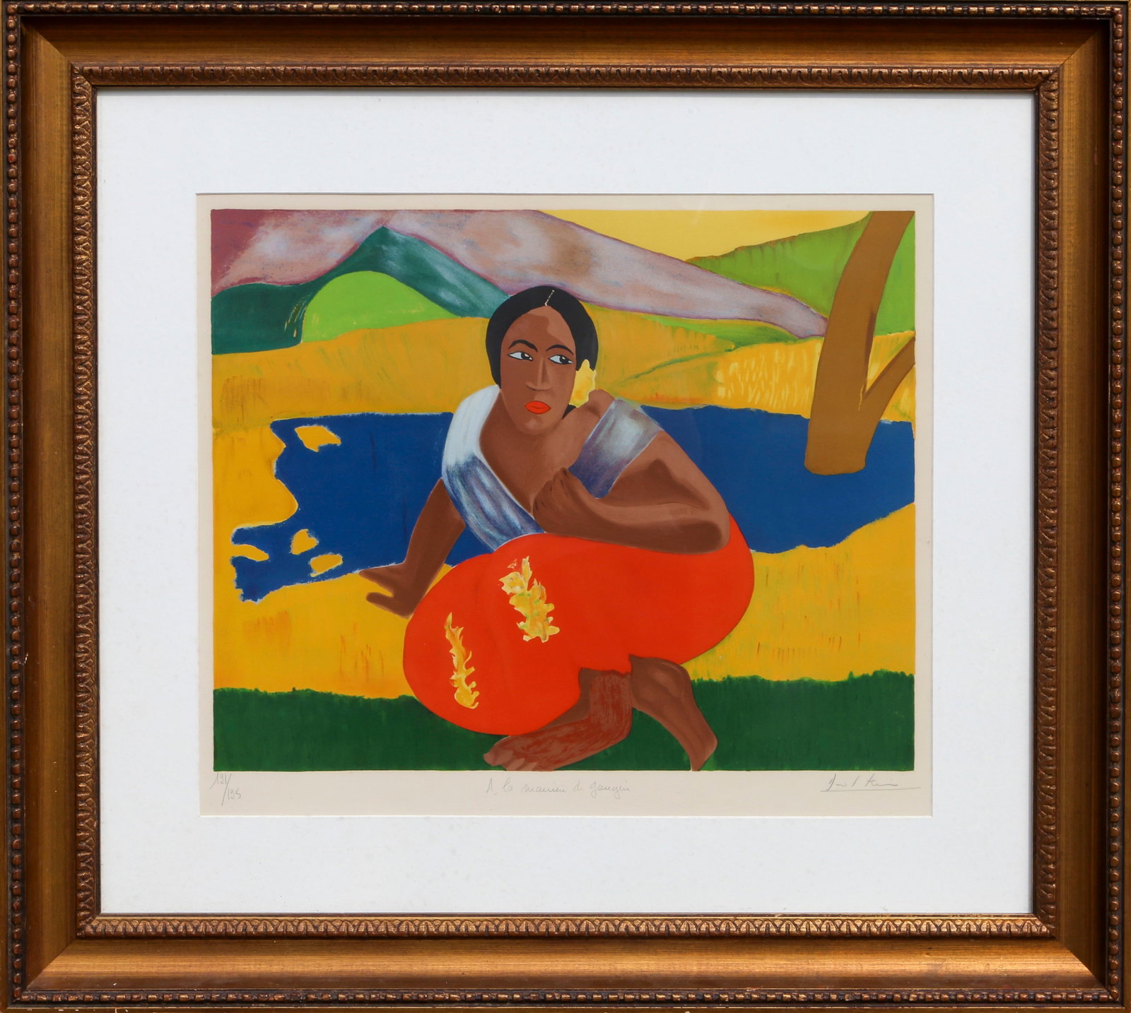 David Stein, A La Maniere de Gauguin, Lithograph: Artist: David Stein, Egyptian/French (1935 - 1999) Title: A La Maniere de Gauguin Year: circa 1970s Medium: Lithograph, signed, titled, and numbered Edition: 191/195 Size: 20 x 23 in. (50.8 x 58.42 cm