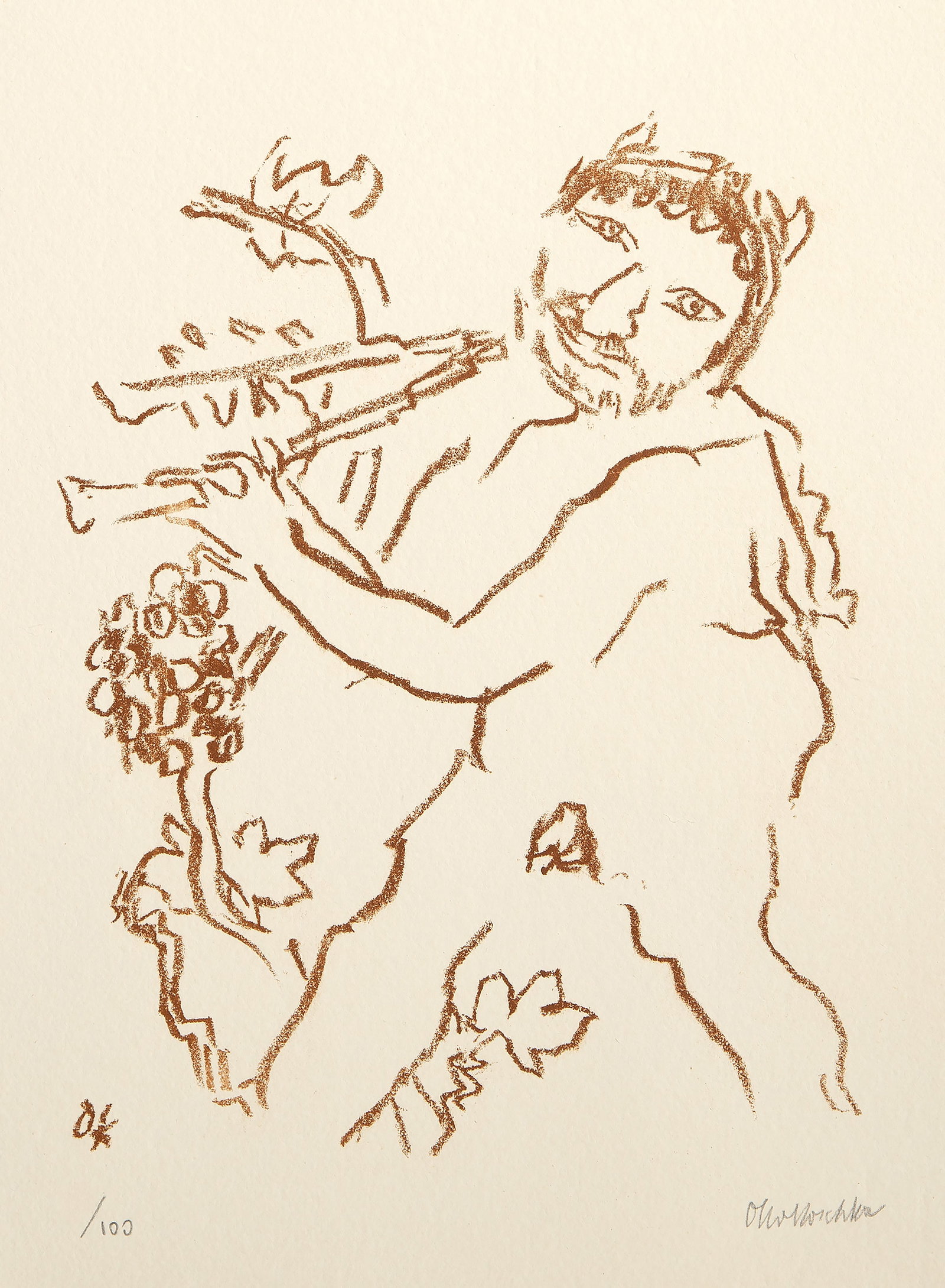 Oskar Kokoschka, Musizierender Faun, Lithograph: Artist: Oskar Kokoschka, Austrian (1886 - 1980) Title: Musizierender Faun Year: 1976 Medium: Lithograph on laid paper, signed and numbered in pencil Edition: 100 Image Size: 10.25 x 8 inches Size: 15.