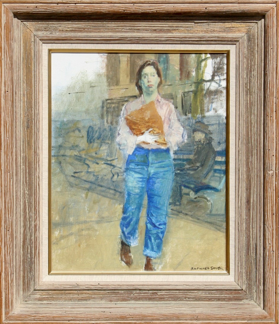 Raphael Soyer, Woman on Street, Painting: Artist: Raphael Soyer, Russian/American (1899 - 1987) Title: Woman on Street Year: circa 1960 Medium: Oil on Canvas, signed lower right Size: 20 in. x 16 in. (50.8 cm x 40.64 cm) Frame Size: 24.5 x 20