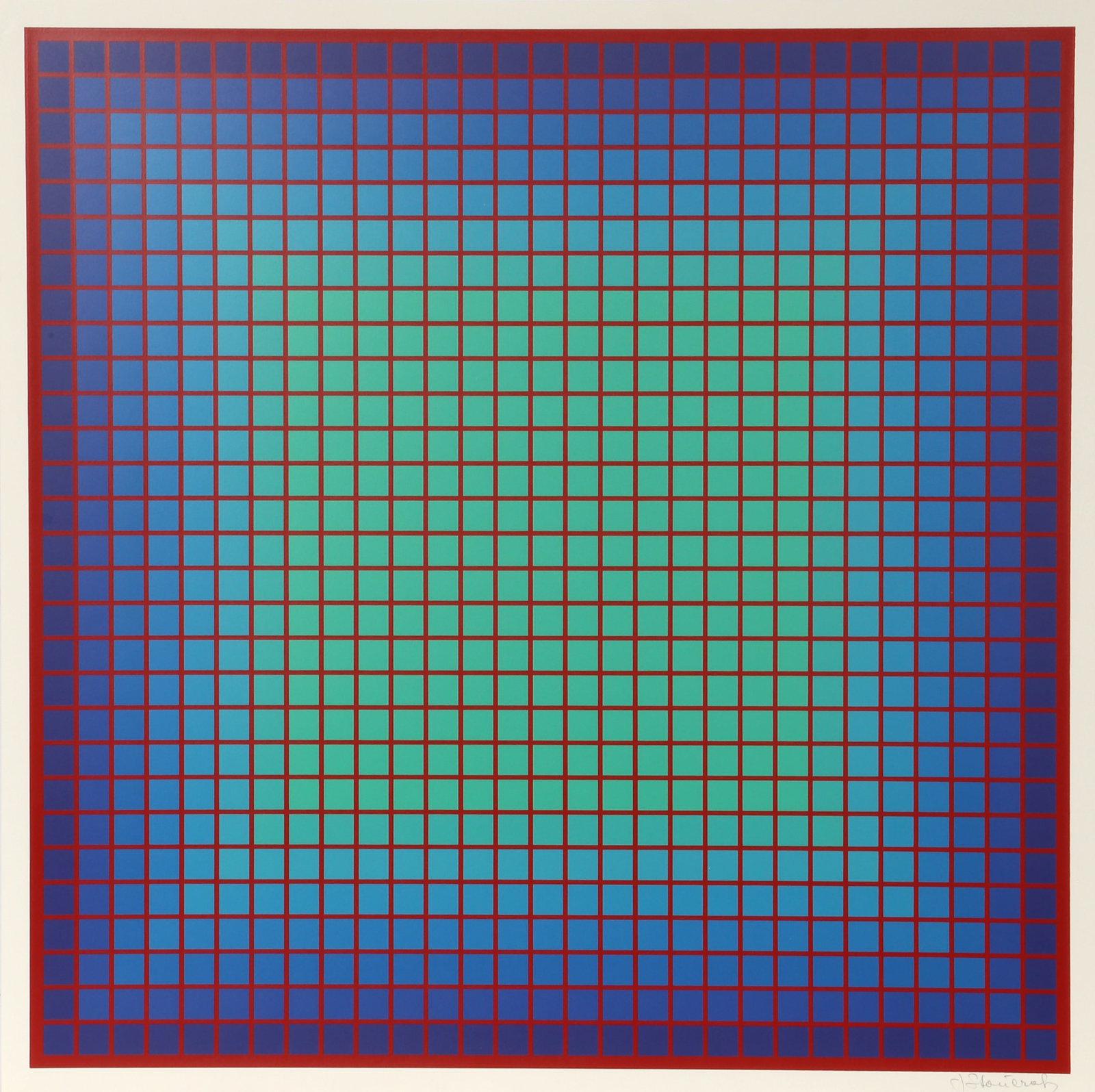 Julian Stanczak, Conferring Blue, Screenprint: Artist: Julian Stanczak, Polish/American (1928 - 2017) Title: Conferring Blue Year: 1981 Medium: Screenprint, signed and numbered in pencil Edition: 175 Image Size: 23.5 x 23.5 inches Size: 25 x 25 in