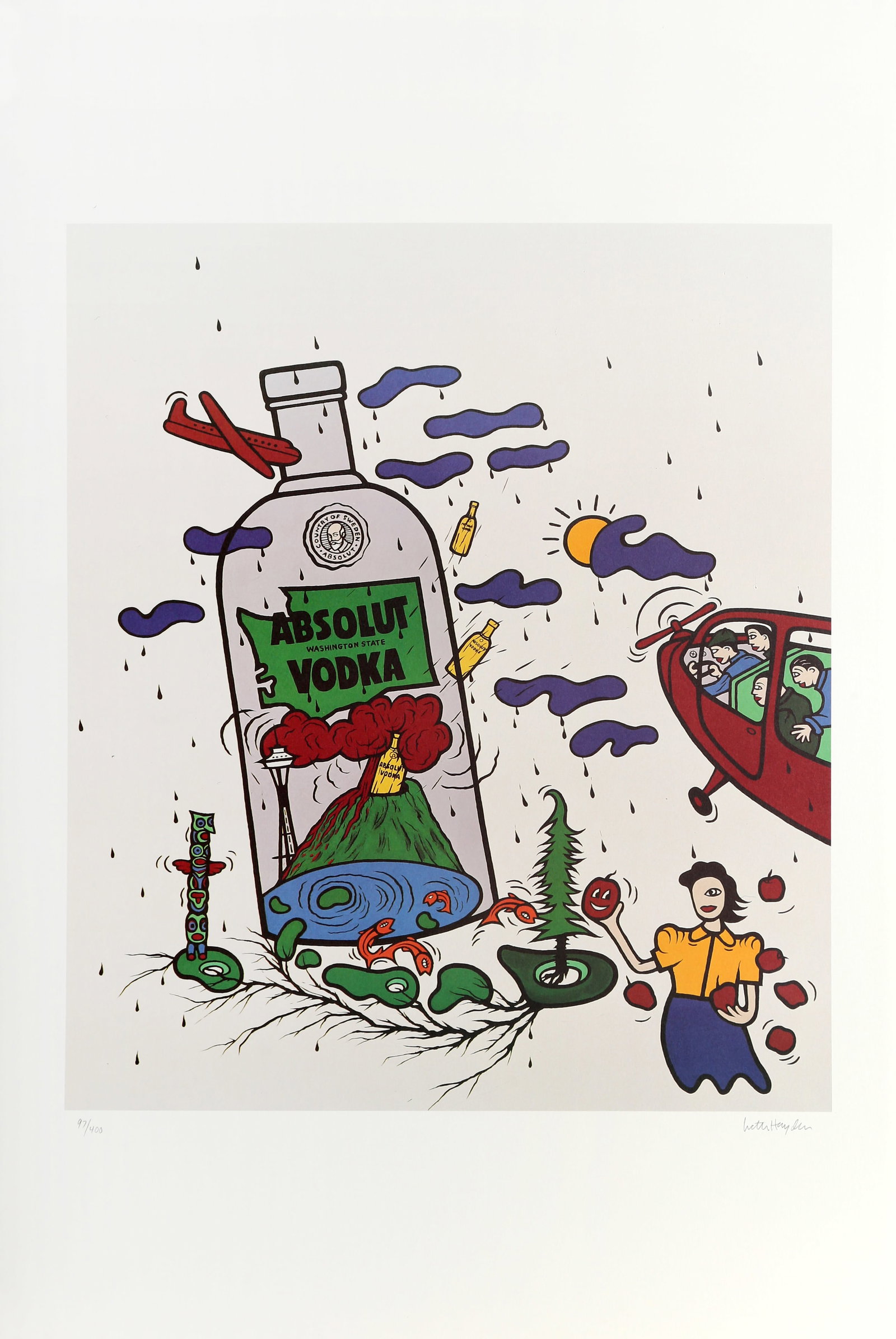 Victor Hayden, Absolut Statehood: Washington State, Lithograph: Artist: Victor Hayden, American (1948 ? 2018) Title: Absolut Statehood: Washington State Year: 1991 Medium: Lithograph on paper, signed and numbered in pencil Edition: 97/400 Image Size: 25.5 x 22 inc