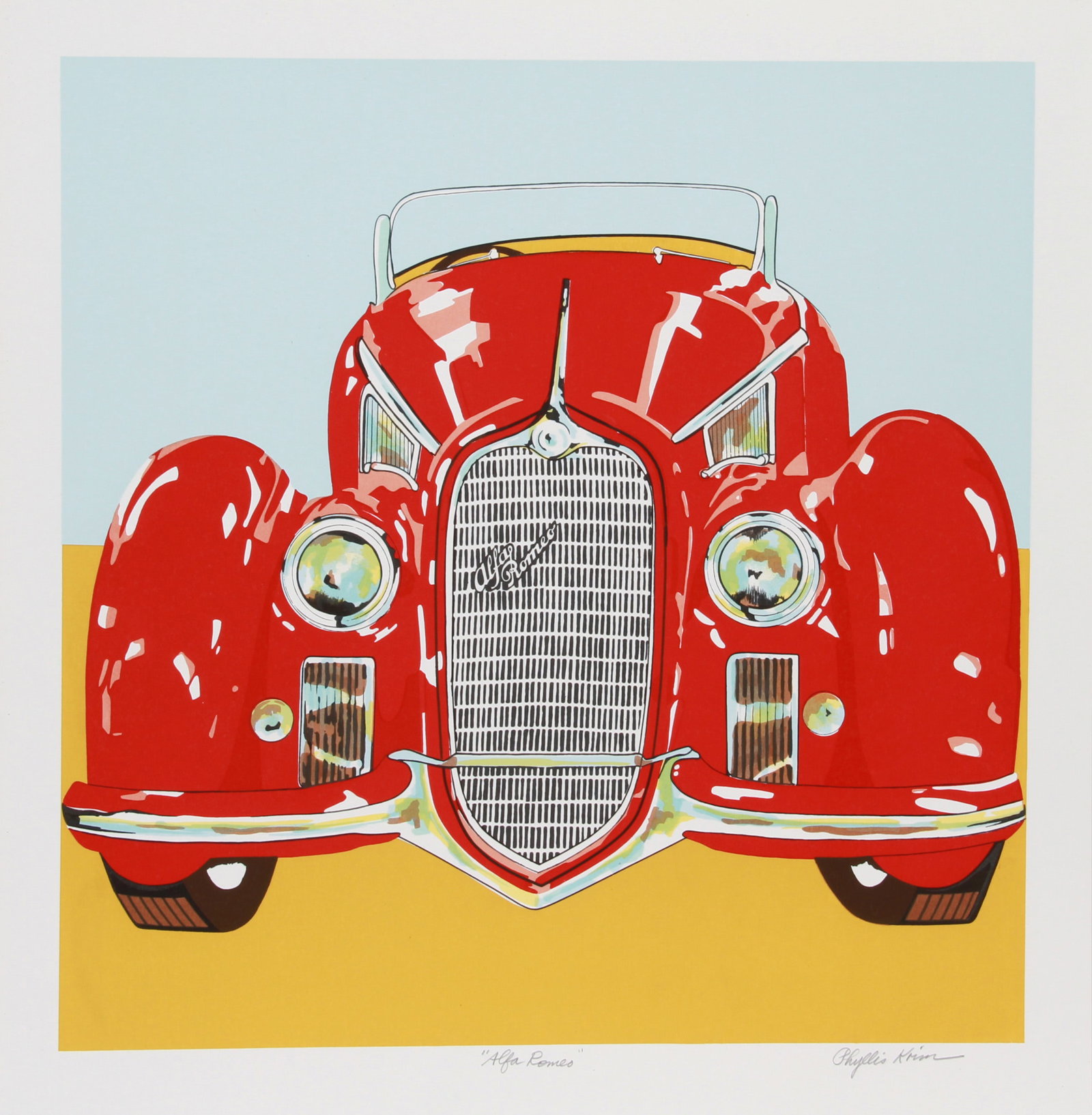 Phyllis Krim, Alfa Romeo, Screenprint: Artist: Phyllis Krim, American Title: Alfa Romeo Year: circa 1979 Medium: Screenprint, signed and numbered in pencil Edition: 200, AP 30 Image Size: 22 x 22.5 inches Size: 26 in. x 25 in. (66.04 cm x 