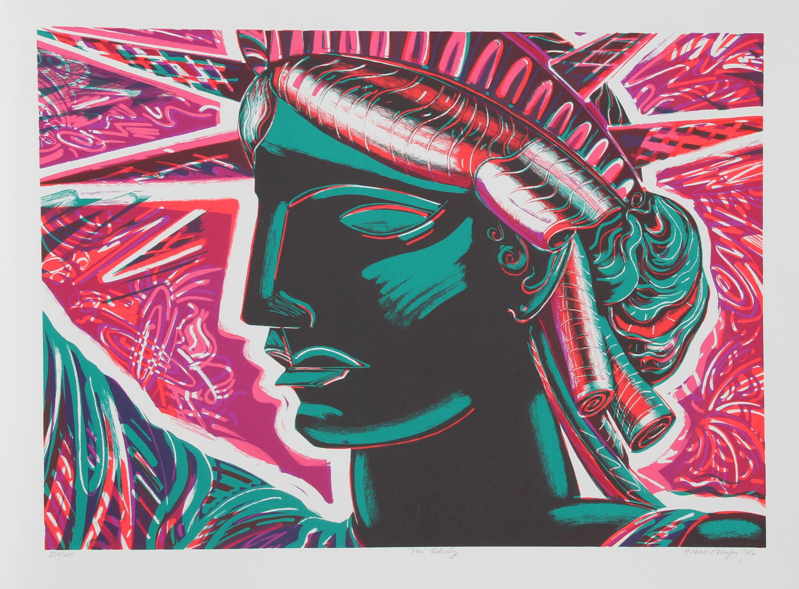 Frances Myers, Ms. Liberty, Screenprint: Artist: Frances Myers, American (1936 - 2014) Title: Ms. Liberty Year: 1986 Medium: Screenprint, signed and numbered in pencil Edition: 400 Image Size: 24 x 34 inches Size: 29.5 in. x 41.5 in. (74.93 