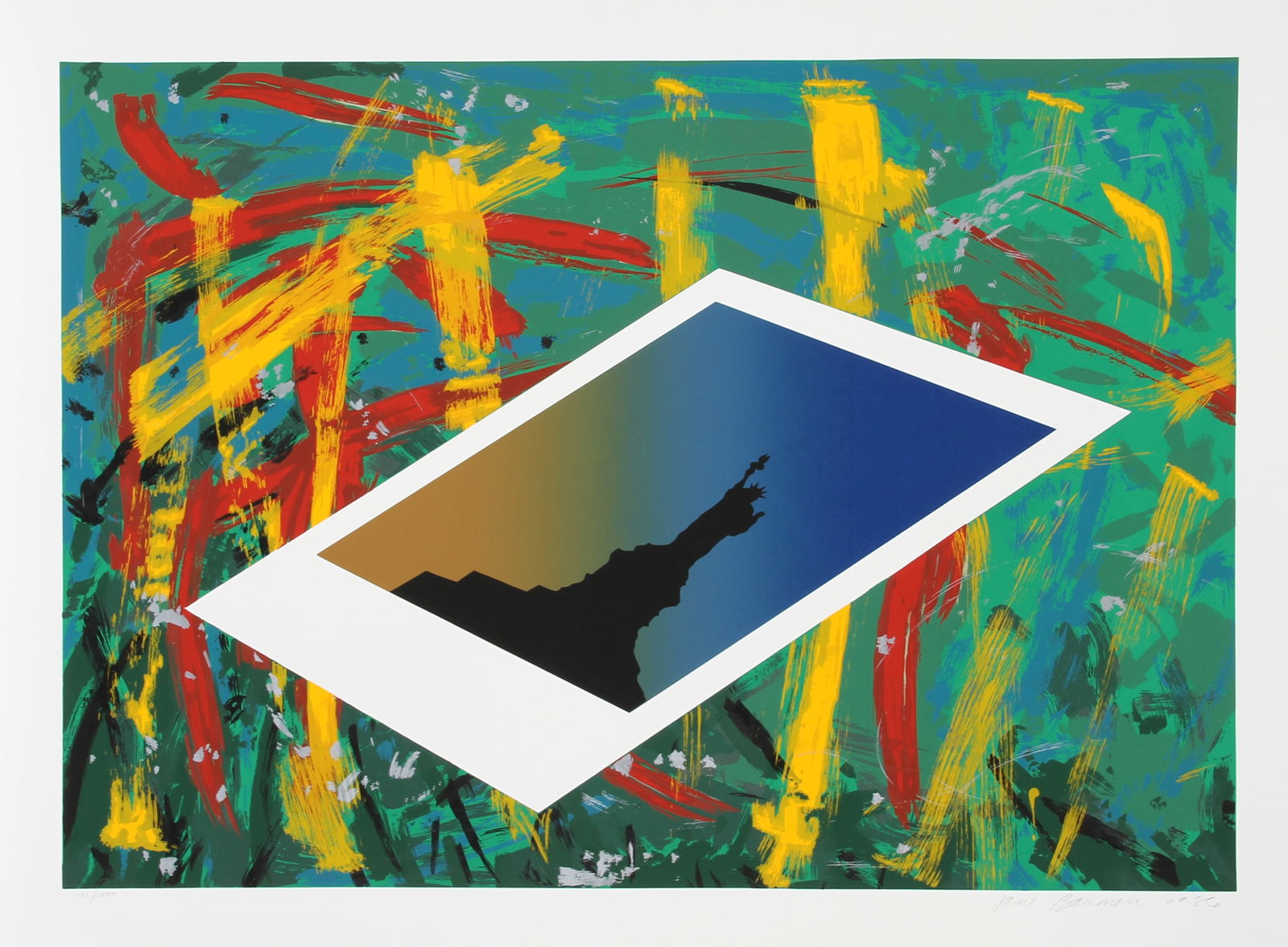 Jane Bauman, Liberty, Screenprint: Artist: Jane Bauman, American Title: Liberty Year: 1986 Medium: Screenprint, signed and numbered in pencil Edition: 1000 Image Size: 24 x 34 inches Size: 29.5 in. x 41.5 in. (74.93 cm x 105.41 cm)