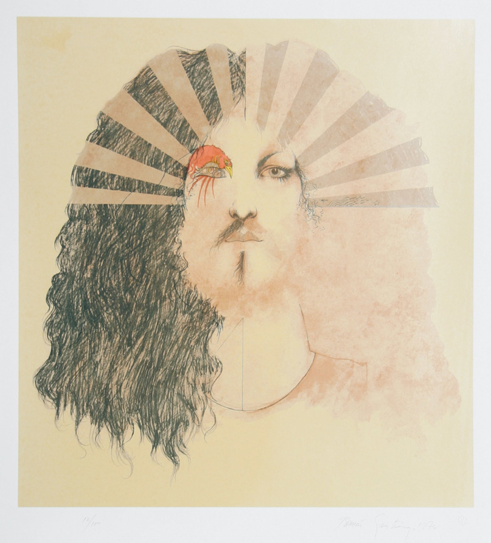 Ramon Santiago, King of the Sun, Lithograph: Artist: Ramon Santiago, American (1943 - 2001) Title: King of the Sun Year: 1976 Medium: Lithograph, signed in pencil Edition: 100 Size: 26 in. x 22 in. (66.04 cm x 55.88 cm) Description: A portrait c