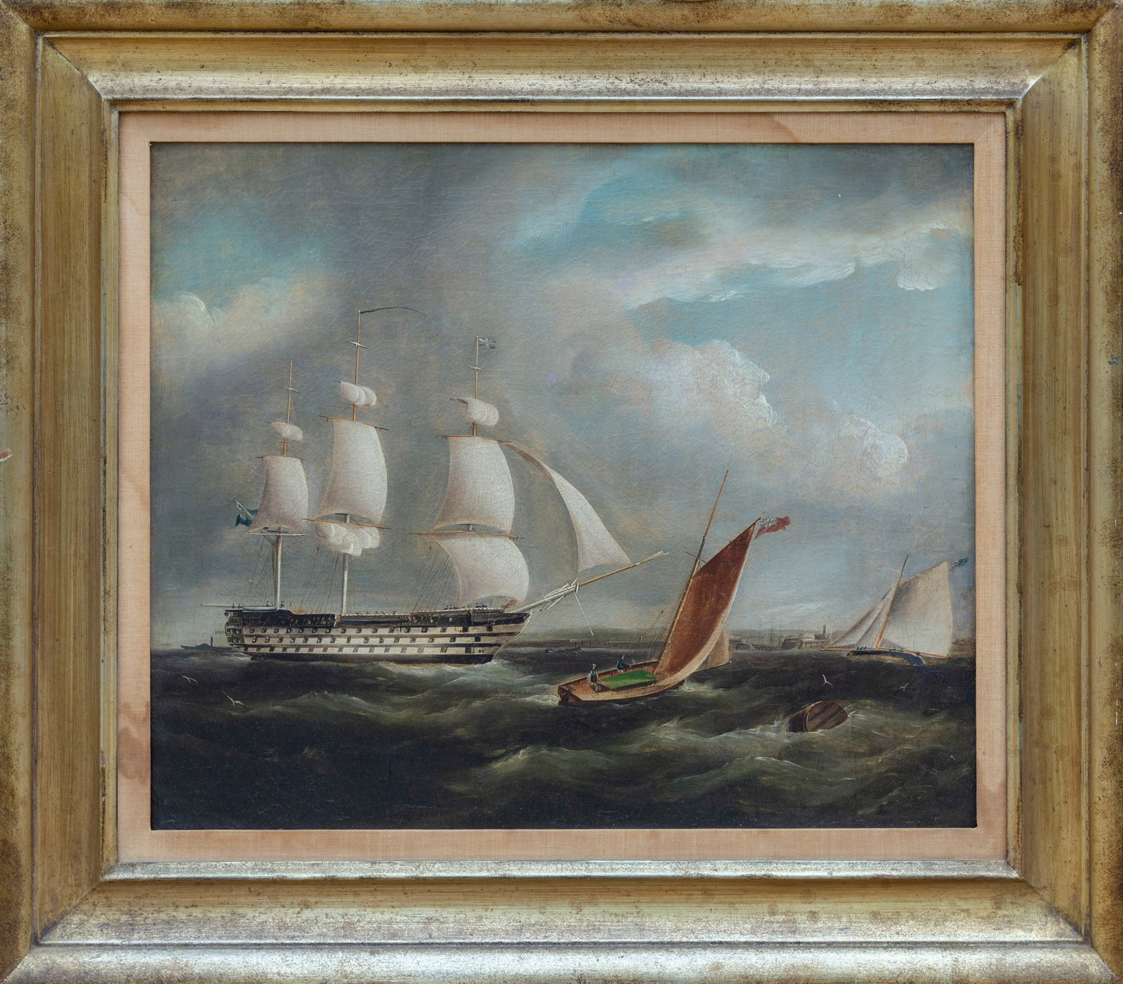 19th Century Maritime Painting, HMS Britannia, Oil Painting: Artist: Unknown Artist, a la Richard Barnett Spencer (1854 - 1923) Title: Oncoming Storm (HMS Britannia) Year: 19th Cent. Medium: Oil on Canvas Size: 26 x 30 in. (66.04 x 76.2 cm) Frame Size: 28 x 31.