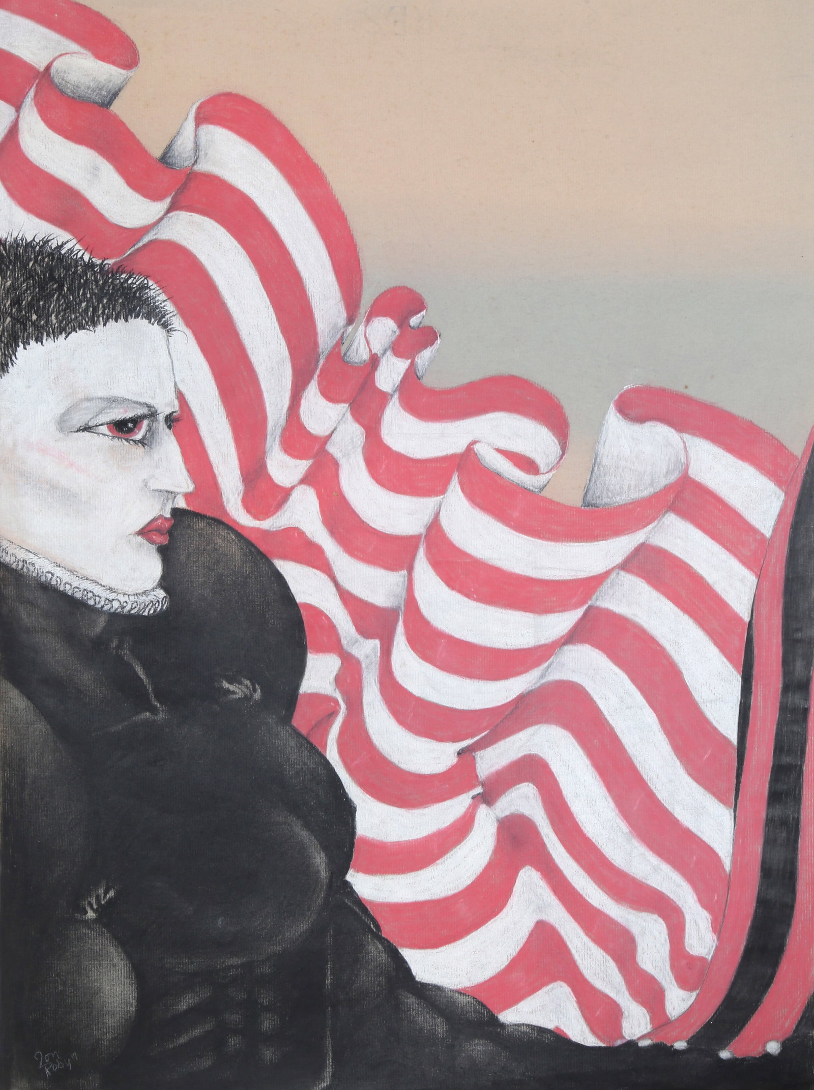 Jon Robyn, Woman in Elizabethan Collar with Flag, Drawing: Artist: Jon Robyn, American (1963 - ) Title: Woman in Elizabethan Collar with Flag Year: circa 1980 Medium: Charcoal and Pastel on Paper, signed lower left Size: 24 x 18 in. (60.96 x 45.72 cm)