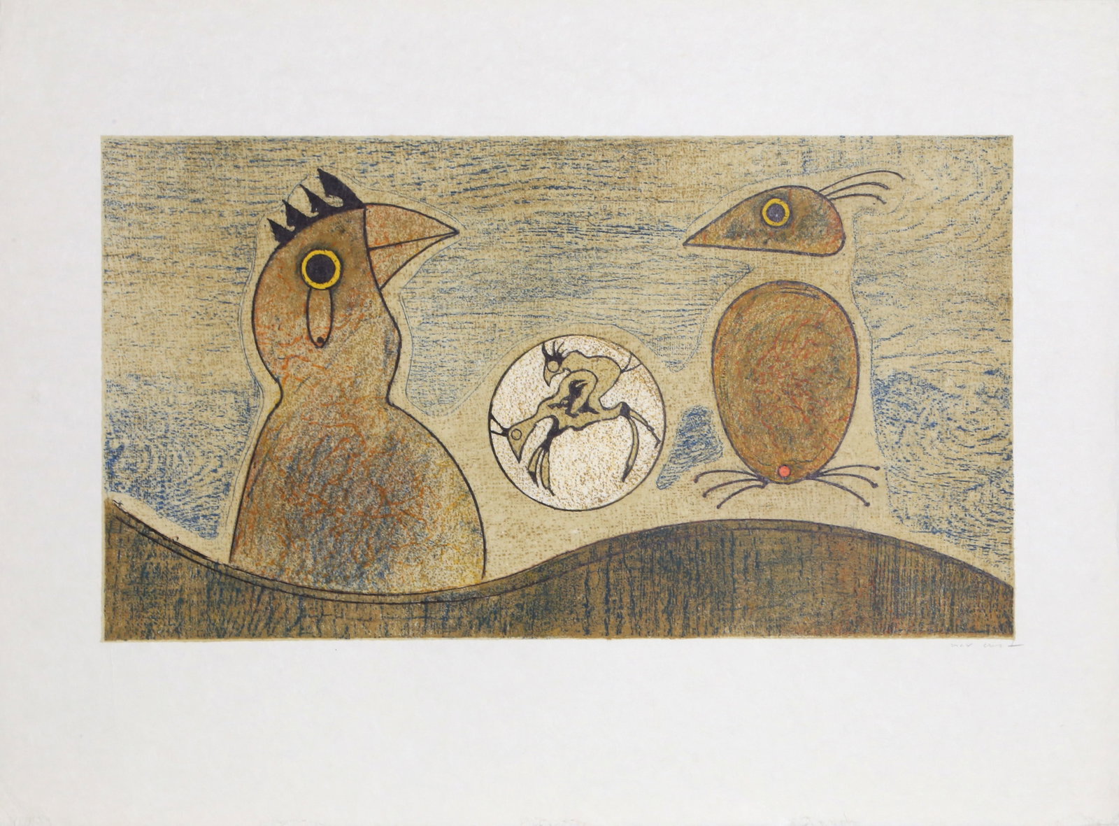 Max Ernst, Oiseaux Souterrains, Lithograph: Artist: Max Ernst, German (1891 - 1976) Title: Oiseaux Souterrains Year: 1975 Medium: Lithograph on Japon paper, signed and numbered in pencil Edition: 99 Image Size: 13.5 x 24.5 inches Size: 22.5 x 3