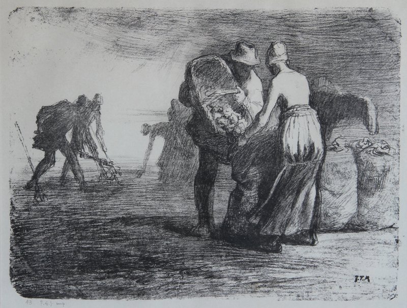 Jean Francois Millet, Potato Gatherers, Lithograph: Artist: Jean Francois Millet, French (1814 - 1875) Title: Potato Gatherers Year: circa 1855 Medium: Lithograph, signed in the plate Image Size: 10 x 12 inches Size: 18.5 x 21 in. (46.99 x 53.34 cm)