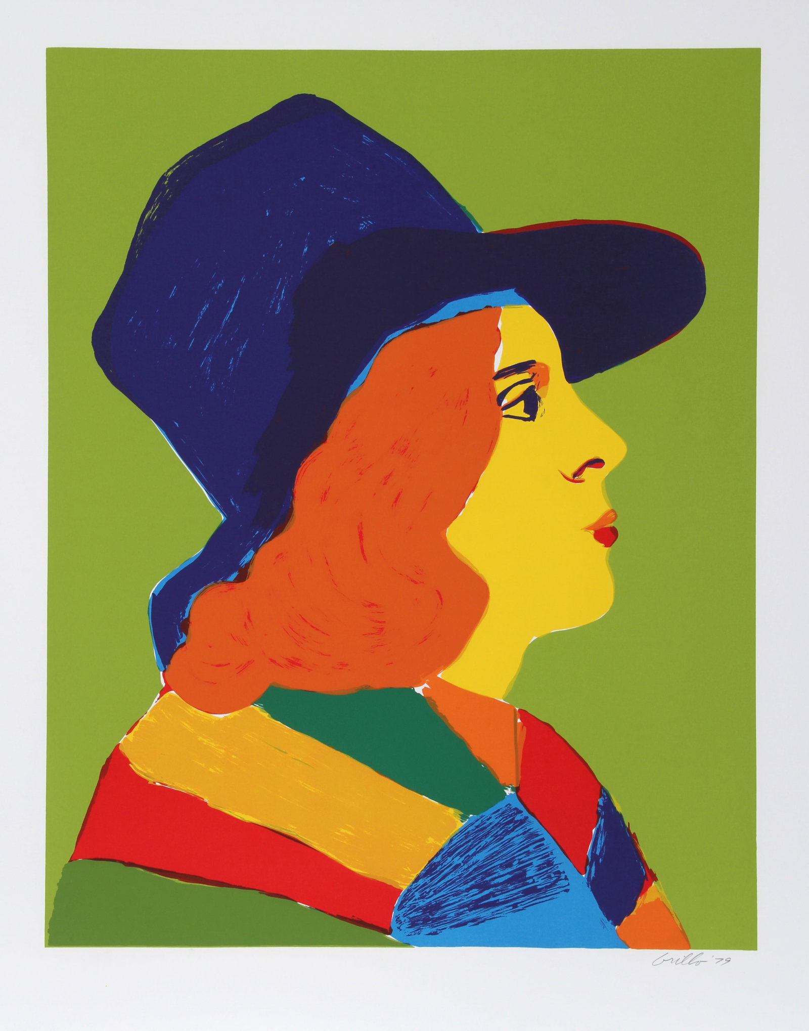 John Grillo, Girl with Hat I, Screenprint: Artist: John Grillo, American (1917 - 2014) Title: Girl with Hat I Year: 1979 Medium: Screenprint, signed and numbered in pencil Edition: 200, AP 30 Image Size: 28.5 x 22.5 inches Size: 33 in. x 26