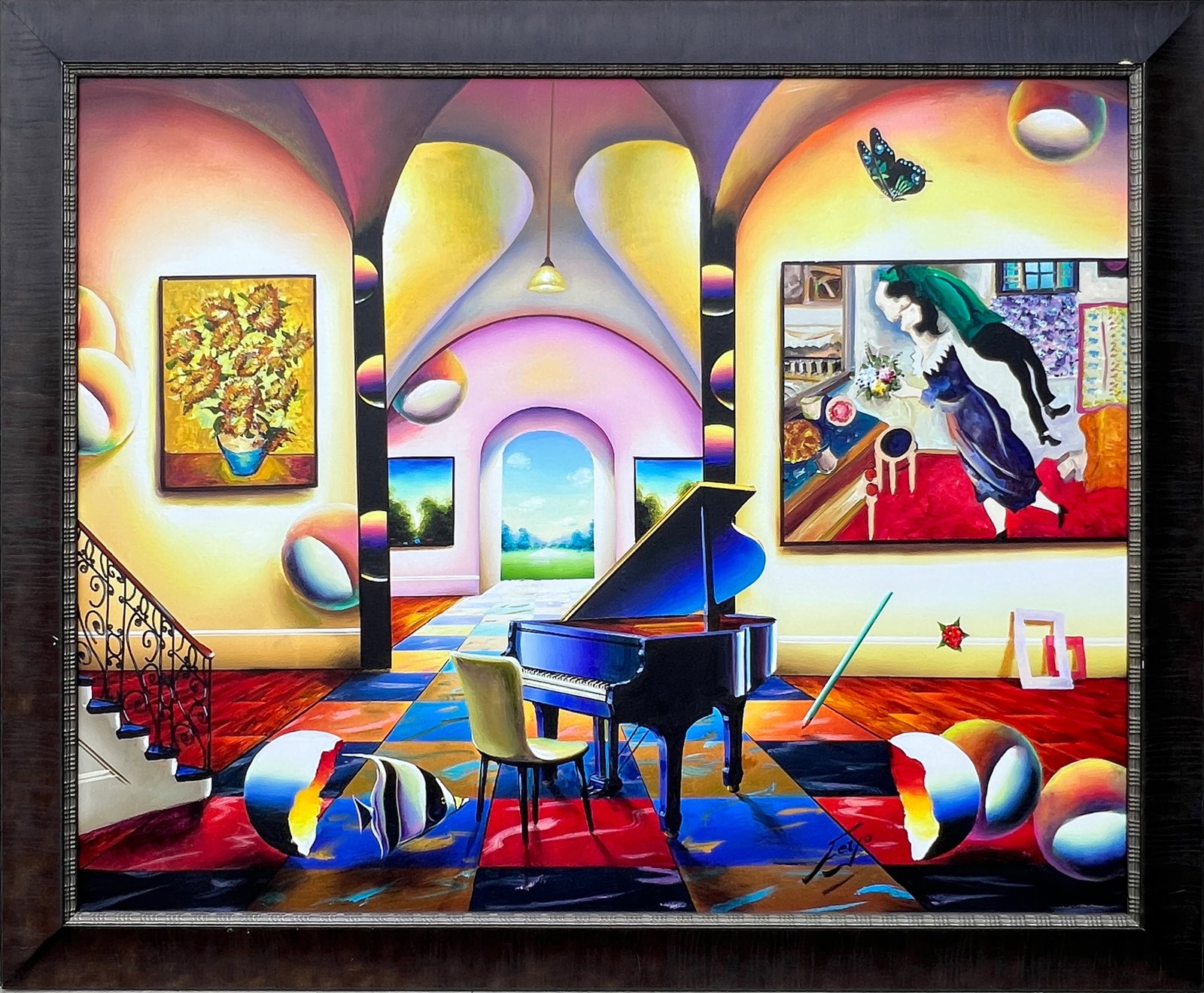 Ferjo, Floating in Love, Painting: Artist: Ferjo, Brazilian (1946 - ) Title: Floating in Love Year: circa 1990 Medium: Oil on Canvas, signed Size: 38.75 x 48.75 in. (98.43 x 123.83 cm) Frame Size: 46.5 x 56.125 inches