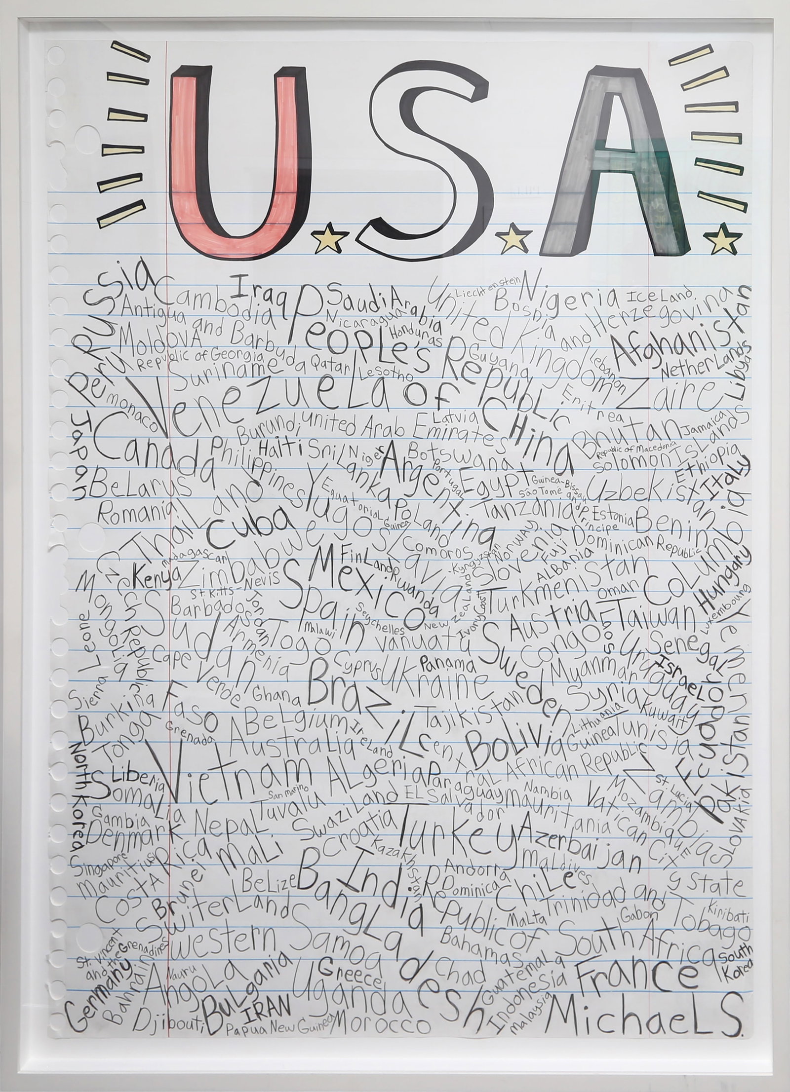 Michael Scoggins, U.S.A, Marker, Graphite and Prismacolor: Artist: Michael Scoggins, American (1973 - ) Title: U.S.A Year: 2005 Medium: Marker, Graphite and Prismacolor on Paper, signed lower right Size: 67 x 51 in. (170.18 x 129.54 cm) Frame Size: 72.25 x 56