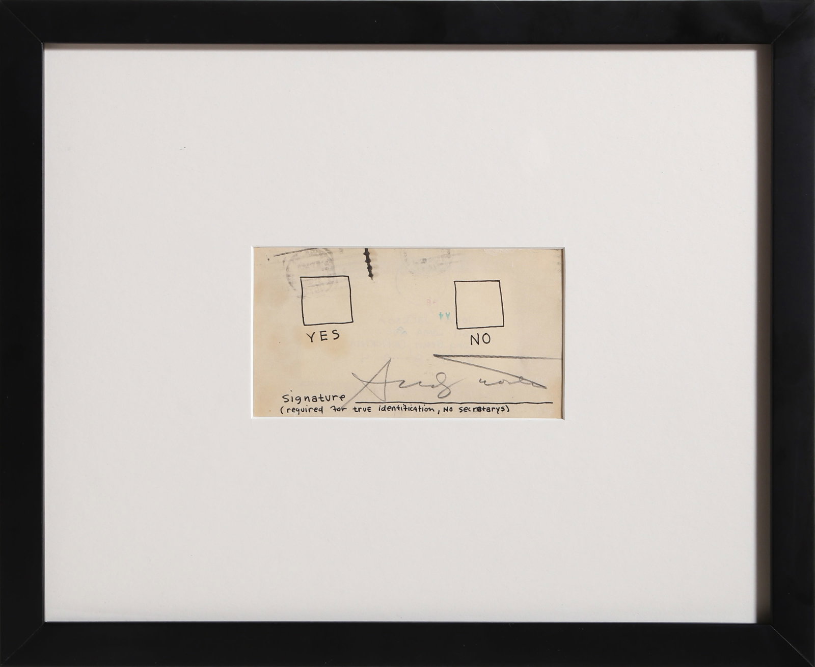 Andy Warhol, Yes or No, Postcard: Artist: Andy Warhol, American (1928 - 1987) Title: Yes or No Year: 1977 Medium: Postcard, signed in pencil Size: 4 x 6 in. (10.16 x 15.24 cm) Frame Size: 8 x 10 inches