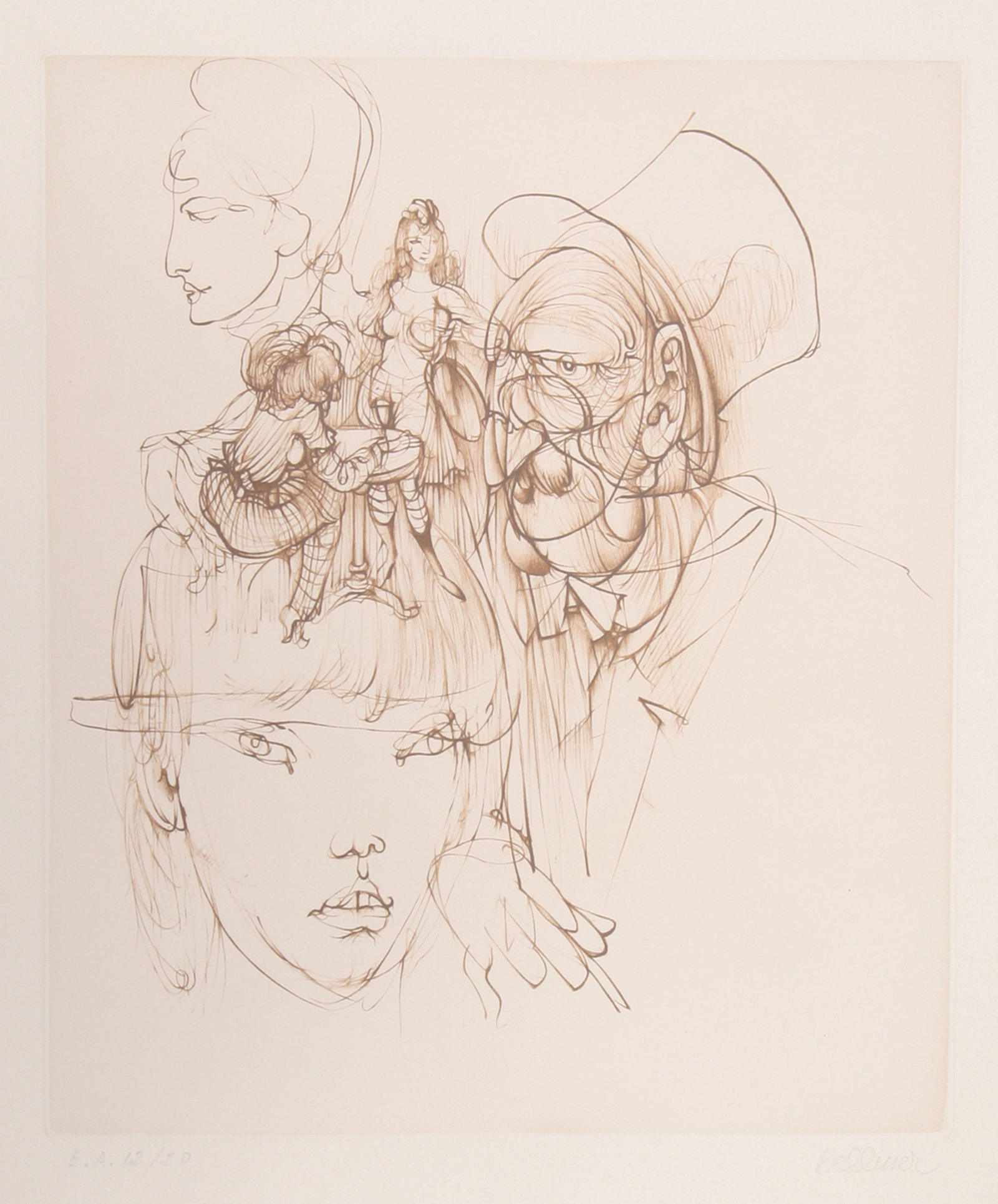 Hans Bellmer, Untitled (from Alice in Wonderland), Etching: Artist: Hans Bellmer, German (1902 - 1975) Title: untitled (from Alice in Wonderland) Year: circa 1972 Medium: Etching, signed and numbered in pencil Edition: EA 12/20 Image Size: 12 x 10.5 inches Siz