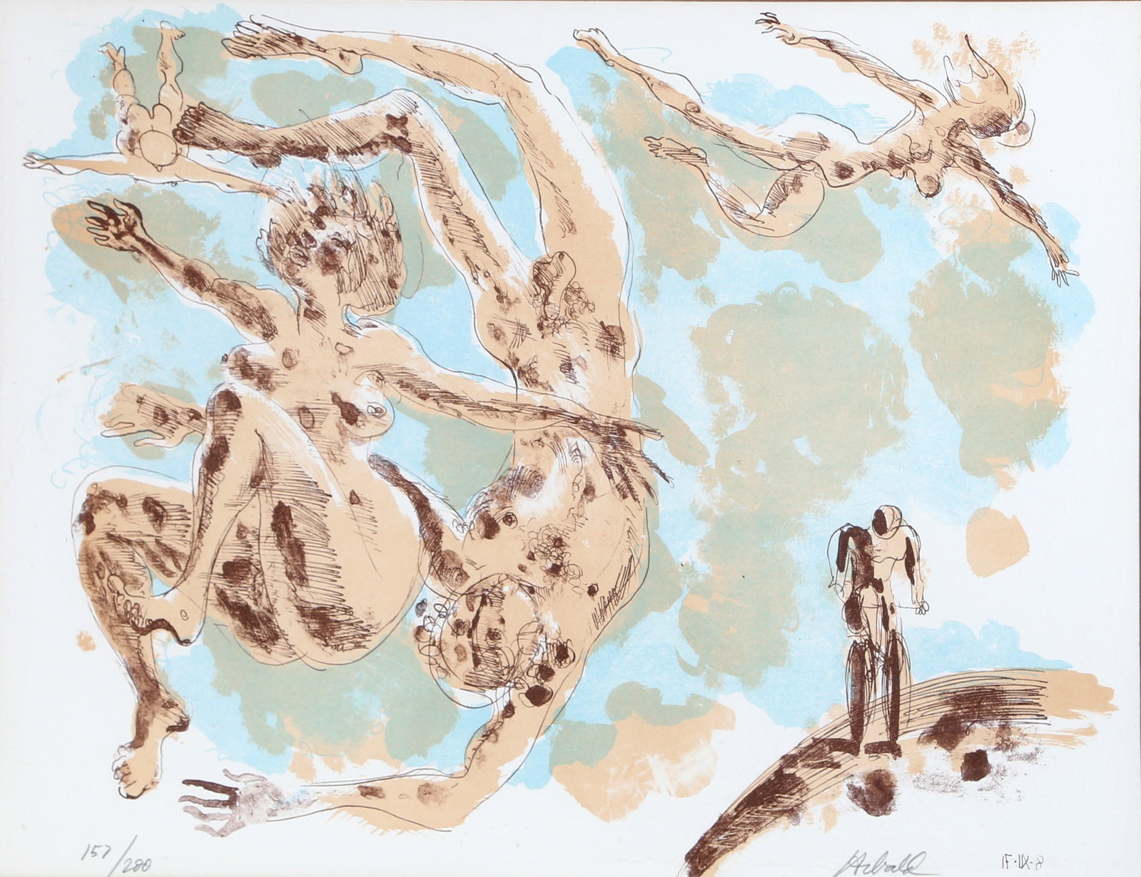 Milton Hebald, Floating Nudes, Lithograph: Artist: Milton Hebald, American (1917 - 2015) Title: Floating Nudes Year: 1971 Medium: Lithograph, signed and numbered in pencil Edition: 157/200 Image Size: 16 x 21 inches Size: 18 x 24 in. (45.72 x 