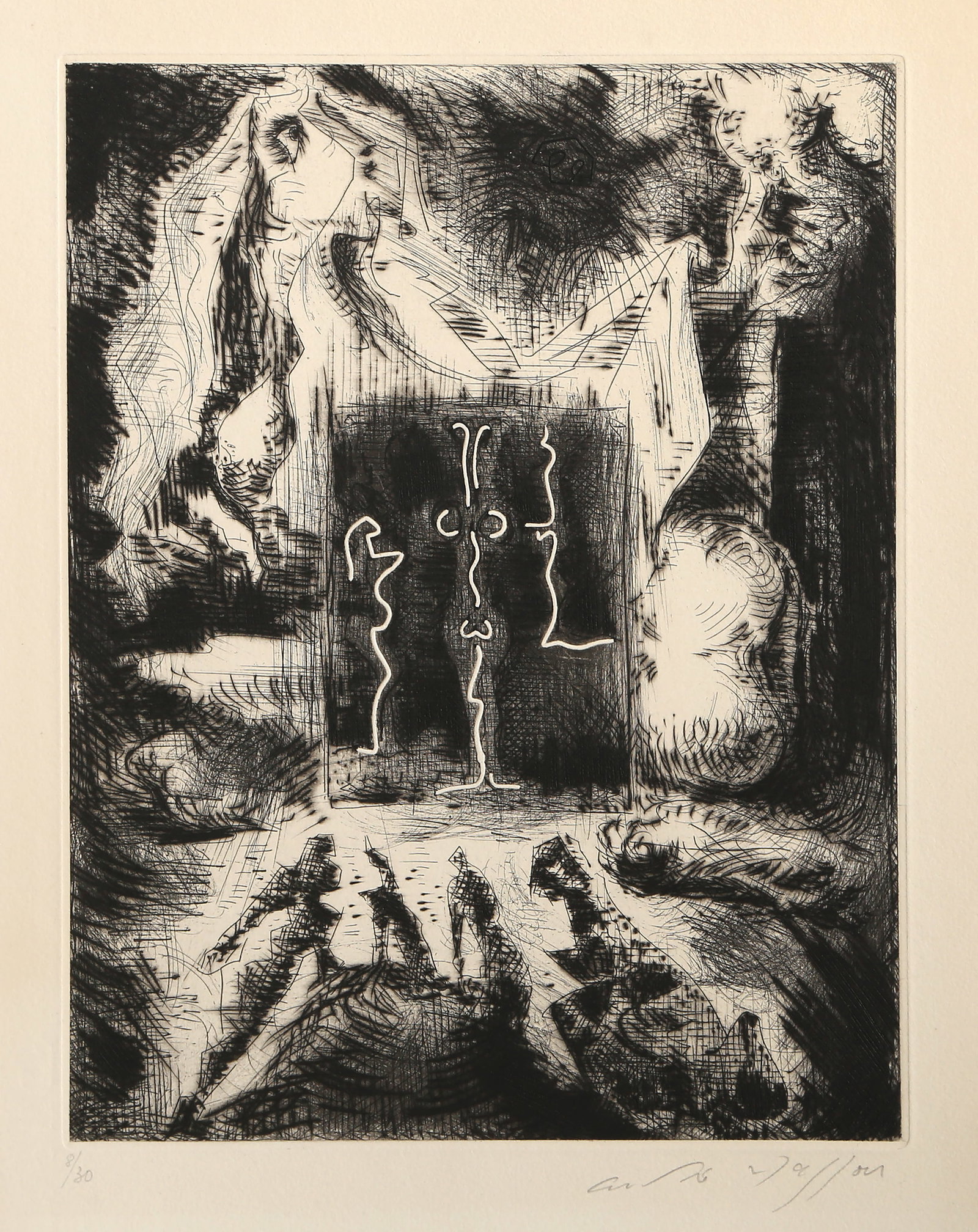 Andre Masson, Enigme, Etching: Artist: Andre Masson, French (1896 - 1987) Title: Enigme Year: 1968 Medium: Etching on Rives, signed and numbered in pencil Edition: 8/30 Image Size: 10.5 x 8 inches Size: 15 x 11.25 in. (38.1 x 28.58