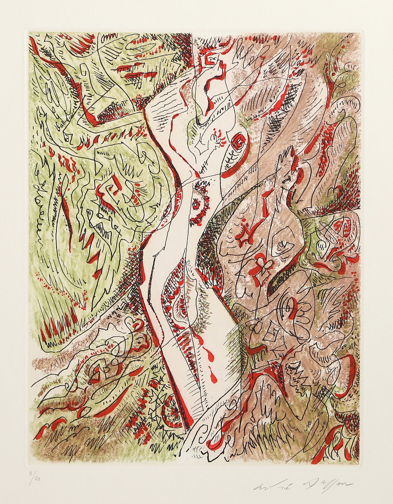 Andre Masson, La Victime, Etching: Artist: Andre Masson, French (1896 - 1987) Title: La Victime Year: 1969 Medium: Color Etching on BFK Rives, signed and numbered in pencil Edition: 8/50 Image Size: 10.25 x 8 inches Size: 16.25 x 13 in