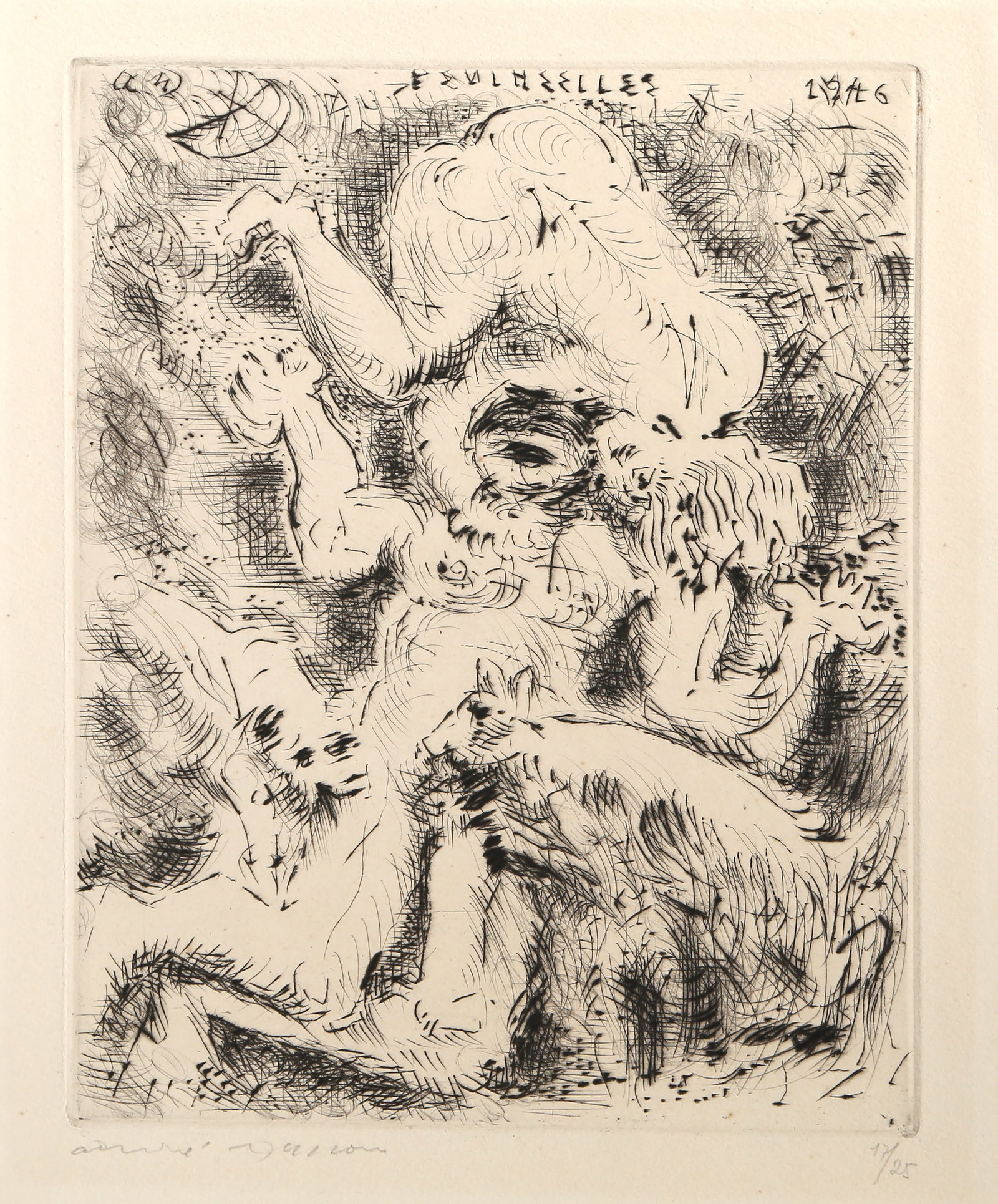 Andre Masson, Penthesilee, Etching: Artist: Andre Masson, French (1896 - 1987) Title: Penthesilee Year: 1946 Medium: Etching on Arches, signed and numbered in pencil Edition: 17/25 Image Size: 9.75 x 7.75 inches Size: 13 x 10 in. (33.02