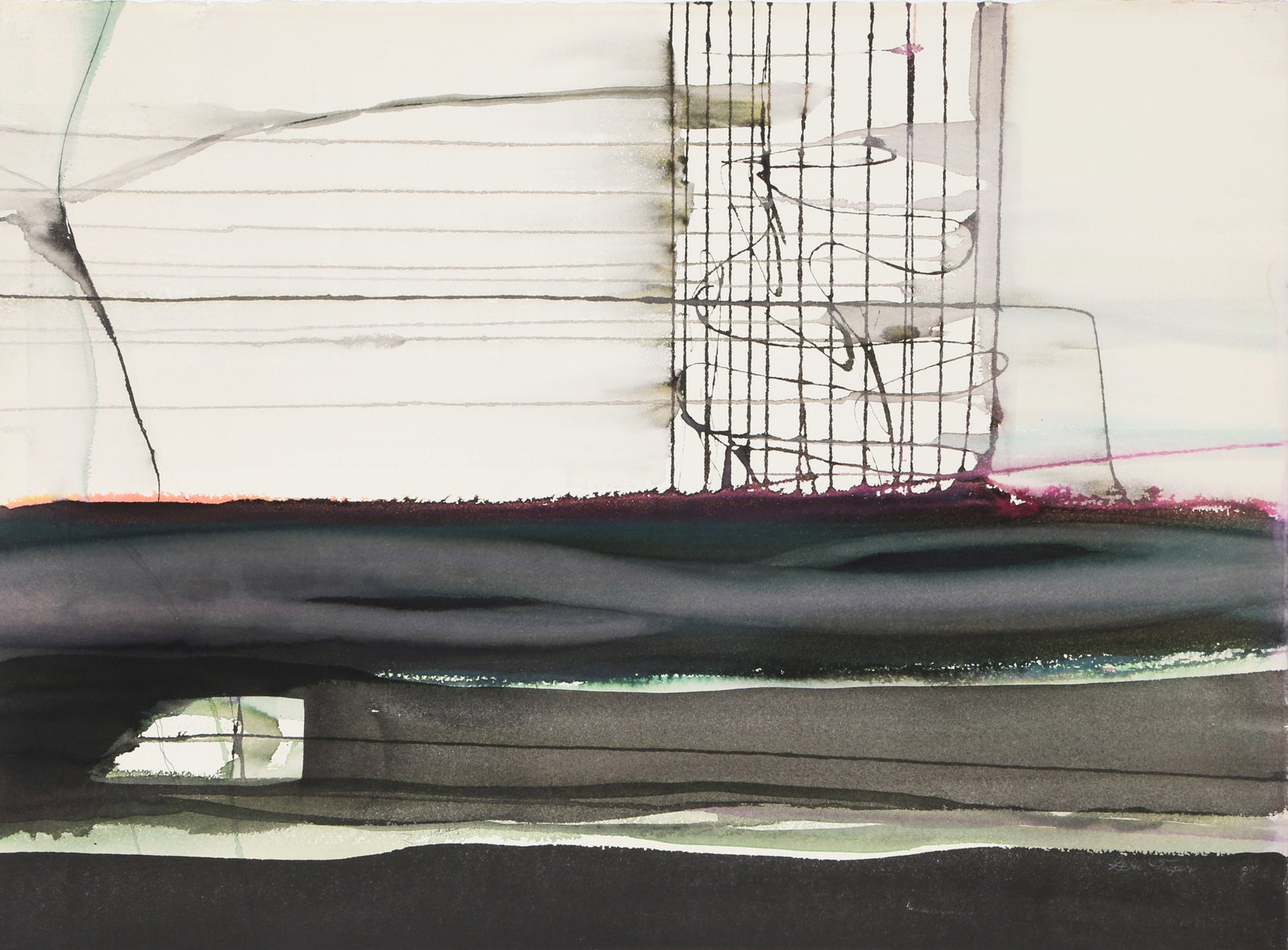 Geri Taper, Sonorous Music, Watercolor: Artist: Geri Taper, American (1921 - 2004) Title: Sonorous Music Medium: Watercolor on Arches, signed in pencil Size: 22 x 30 in. (55.88 x 76.2 cm) Description: A dark and undulating landscape with an