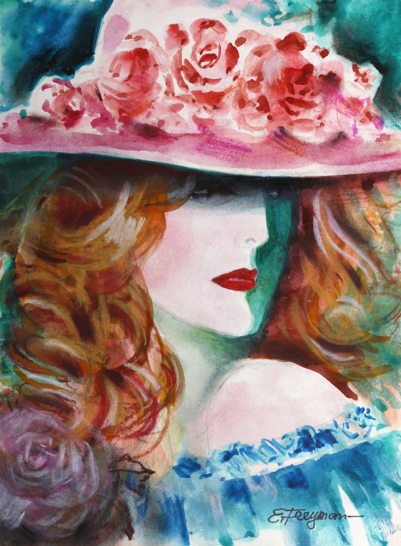 Erik Freyman, Flower Hat Lady, Watercolor: Artist: Erik Freyman, Russian (1932 - 2018) Title: Flower hat Lady Medium: Watercolor with pastel on paper, signed in pencil Size: 10 x 7.5 in. (25.4 x 19.05 cm) Description: A depiction of a woman we